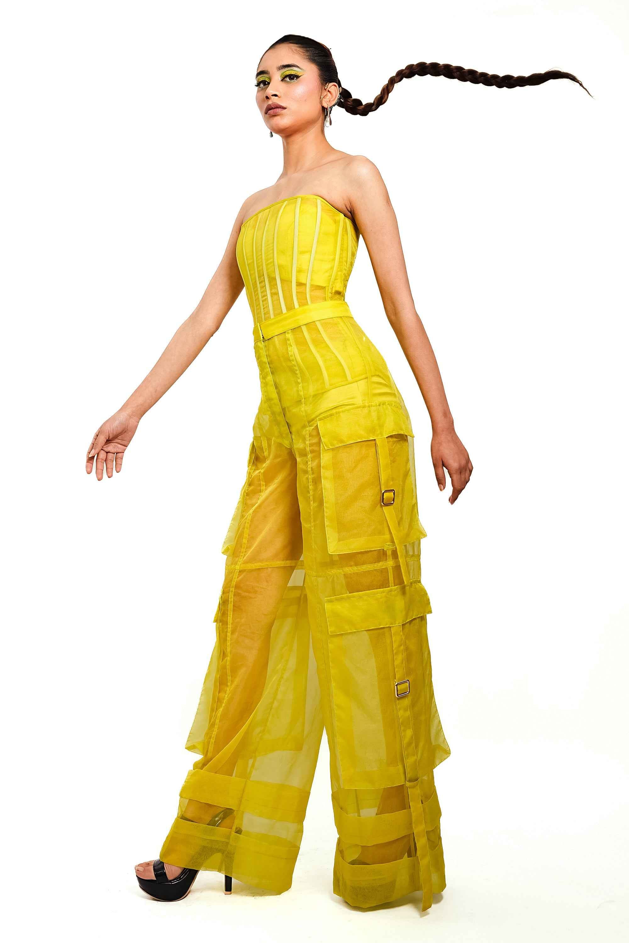 Citron Organza Corset & Utility Trousers Co-Ord Set – Translucent Dual Edit | VybTheory