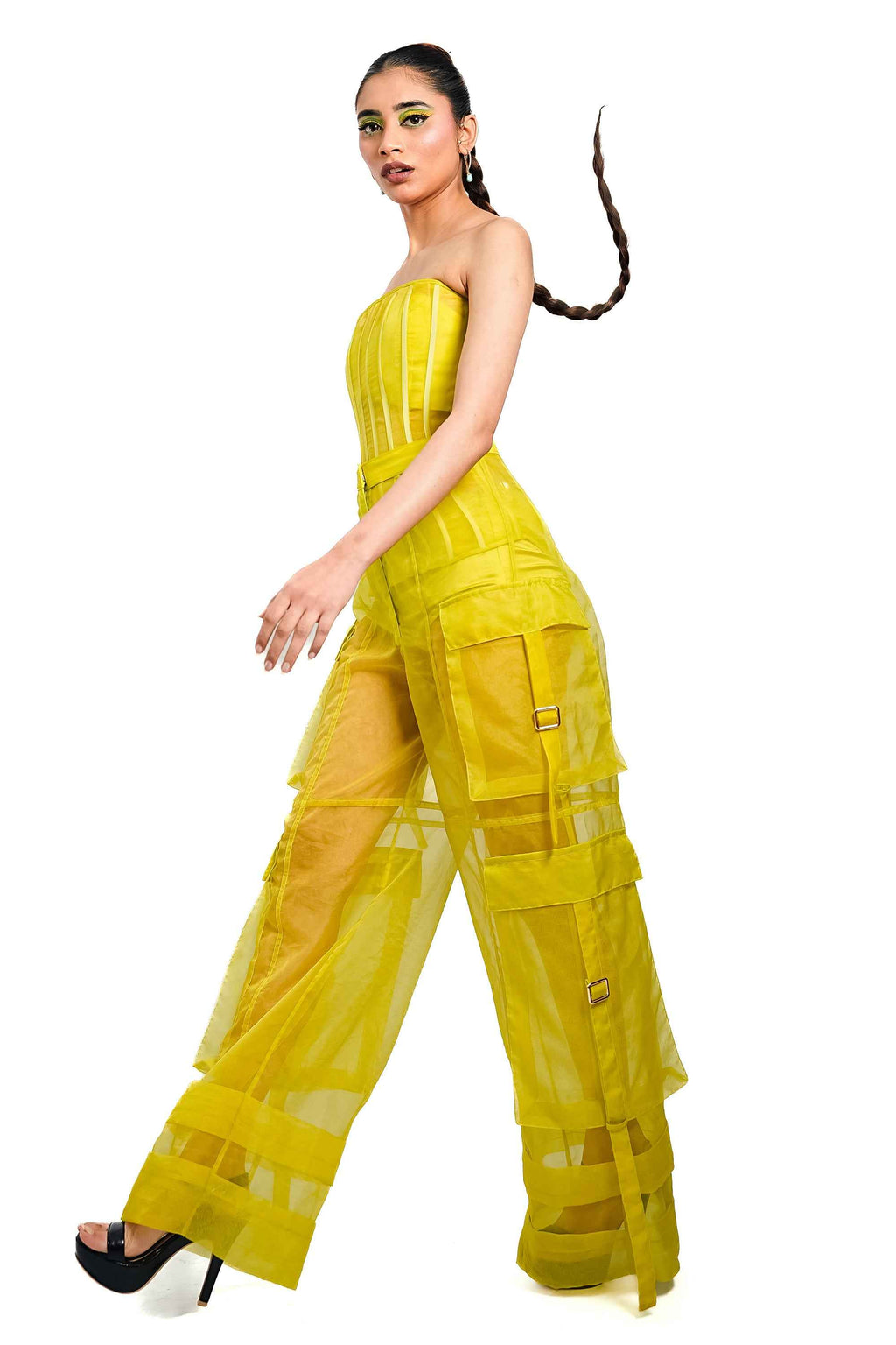 Citron Organza Corset & Utility Trousers Co-Ord Set – Translucent Dual Edit | VybTheory