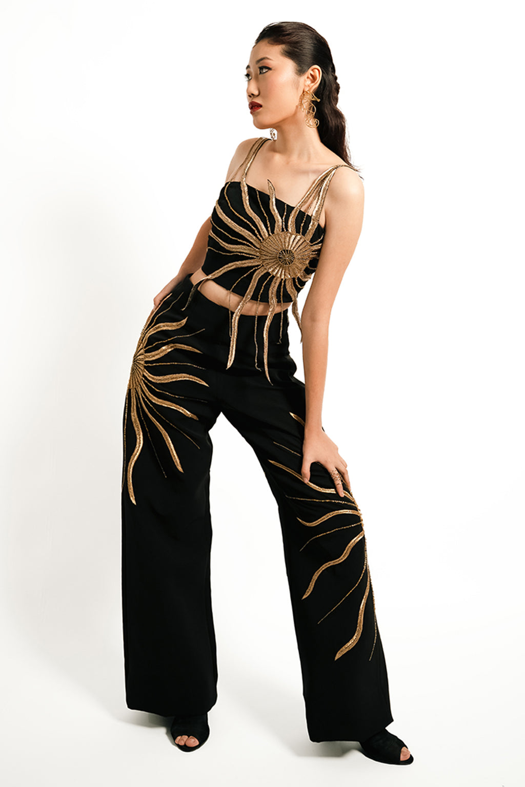 Solar Flare Embroidered Co-Ord Set – Black Gold Eclipse | VYB Theory