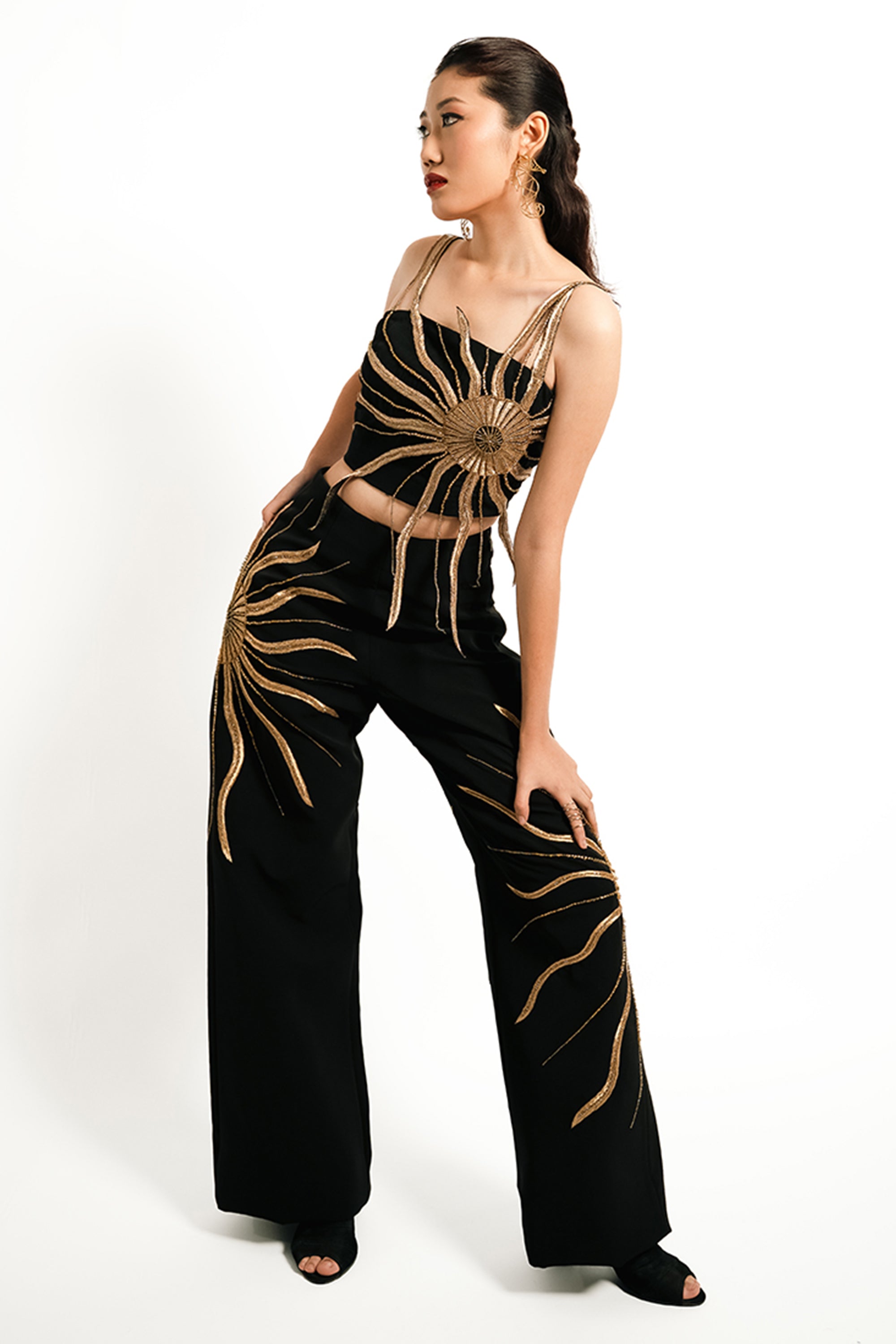 Solar Flare Embroidered Co-Ord Set – Black Gold Eclipse | VYB Theory