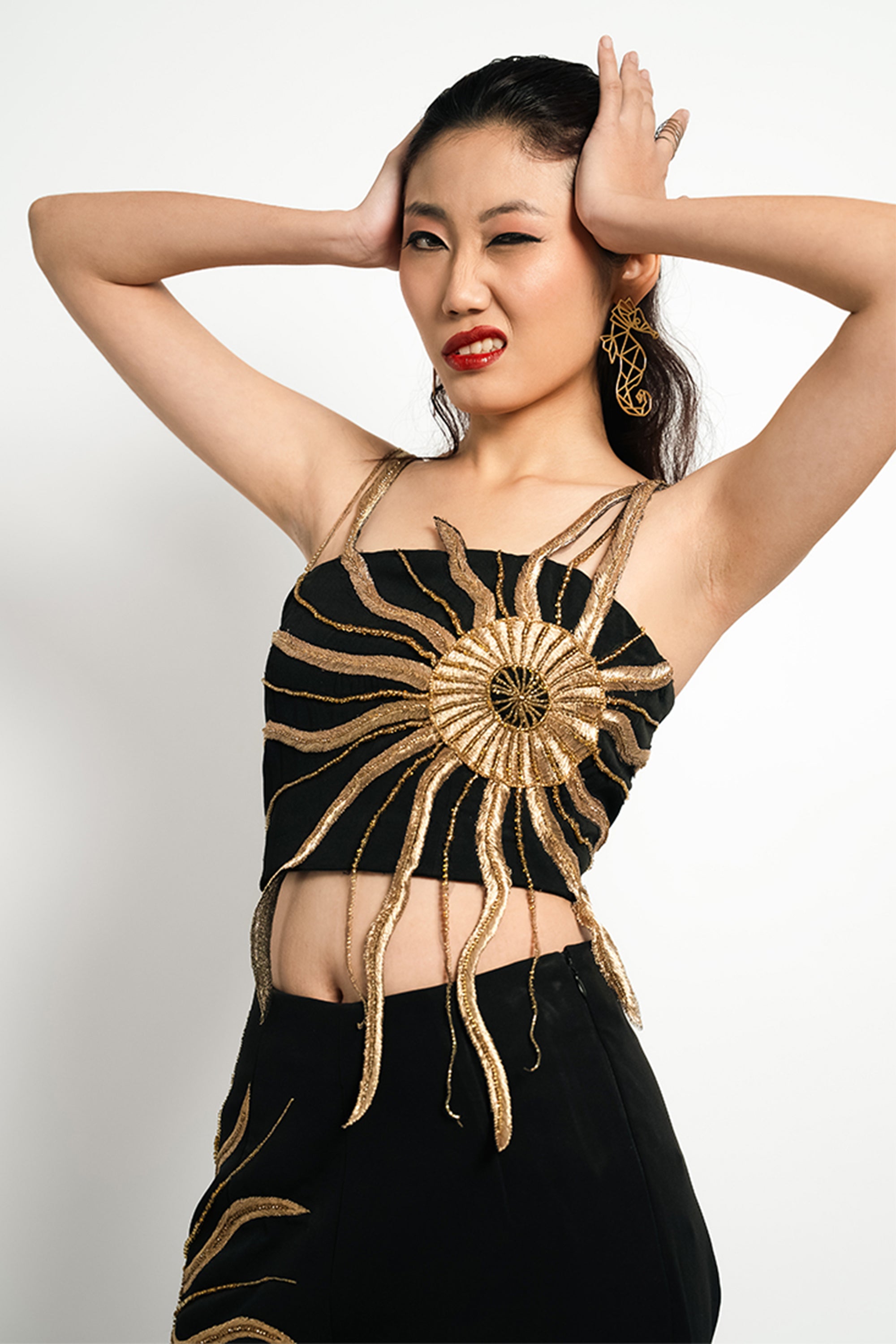 Solar Flare Embroidered Crop Top – Black Gold Radiance | VybTheory