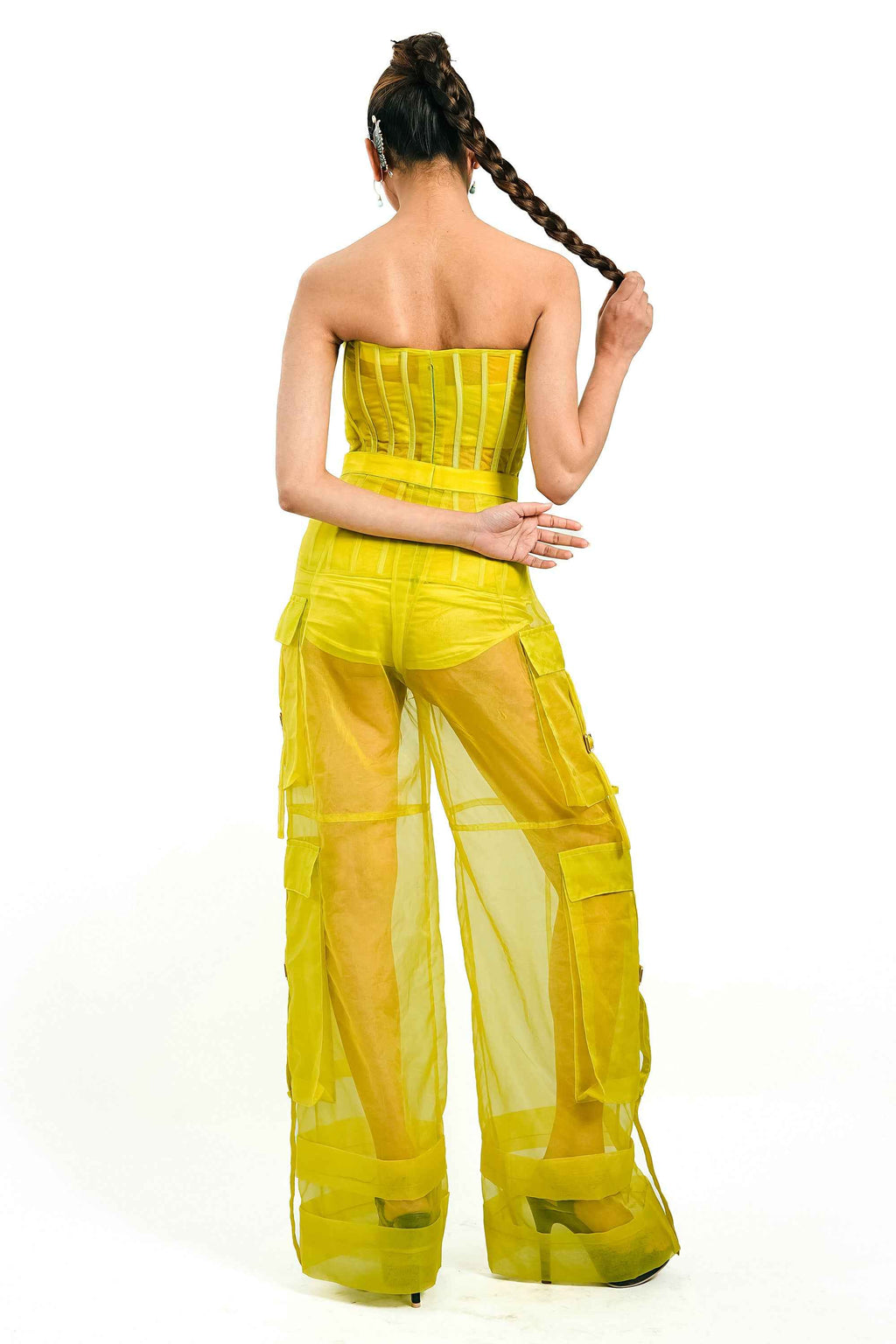 Citron Organza Corset & Utility Trousers Co-Ord Set – Translucent Dual Edit | VybTheory