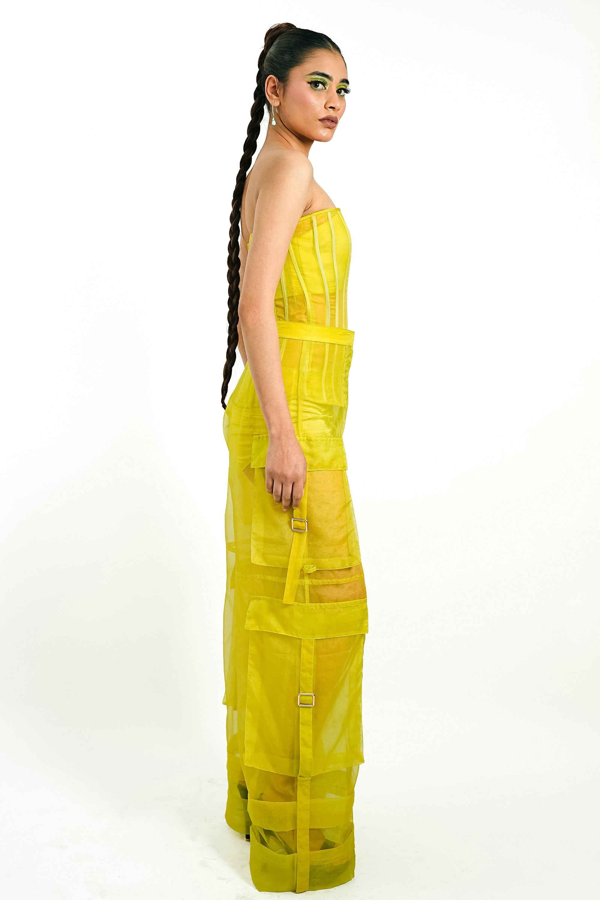 Citron Organza Corset & Utility Trousers Co-Ord Set – Translucent Dual Edit | VybTheory