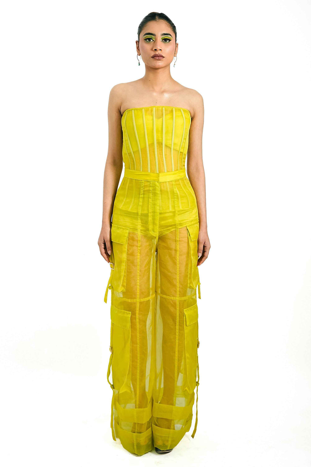 Citron Organza Corset & Utility Trousers Co-Ord Set – Translucent Dual Edit | VybTheory