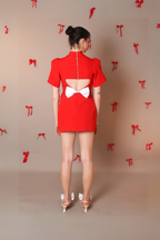 Bold Scarlet Bow-Back Mini Dress with Puff Sleeves - Vybtheory