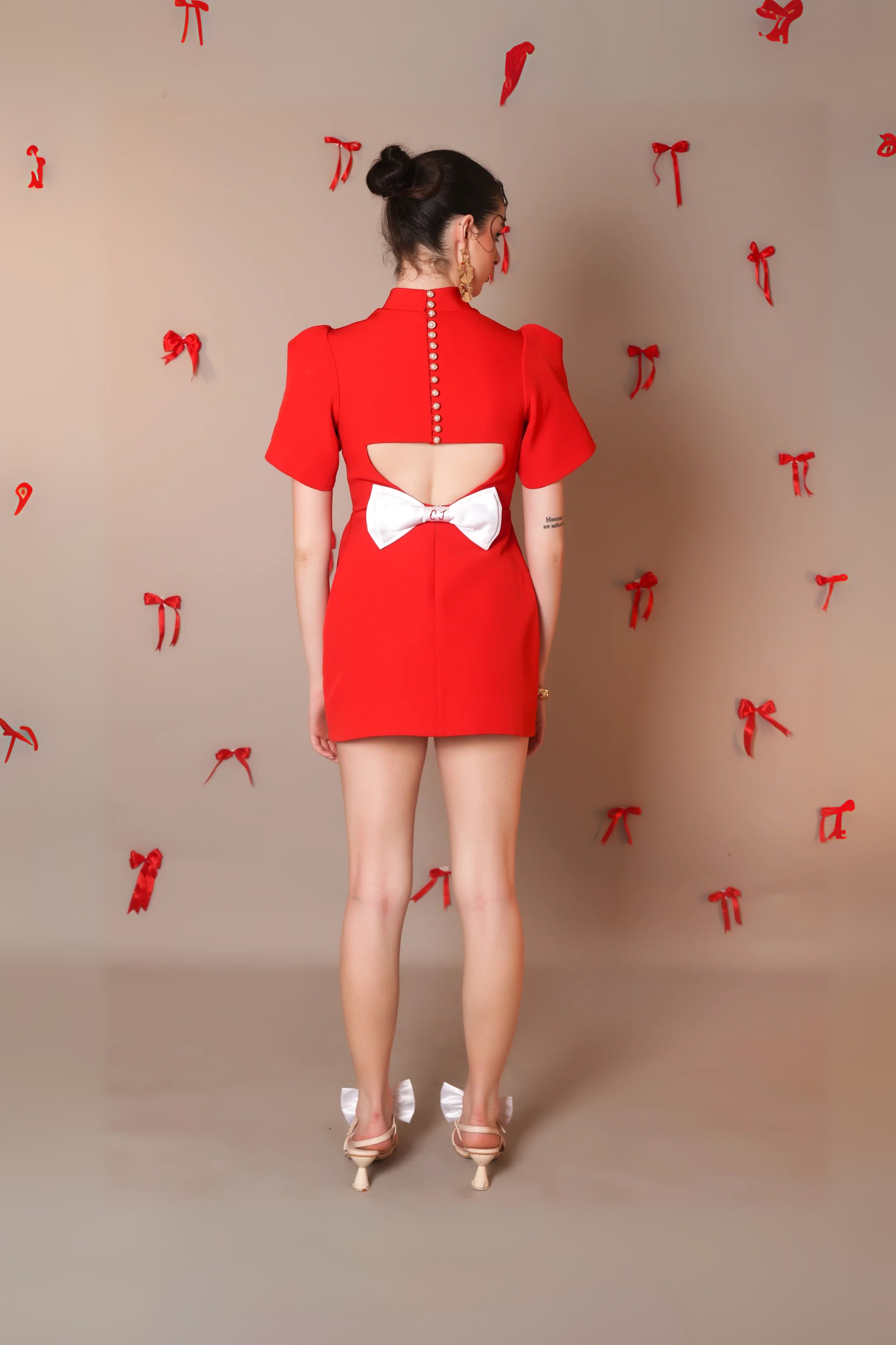 Bold Scarlet Bow-Back Mini Dress with Puff Sleeves - Vybtheory