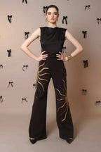 Solar Flare Embroidered Trousers – Black Gold Radiance - Vybtheory