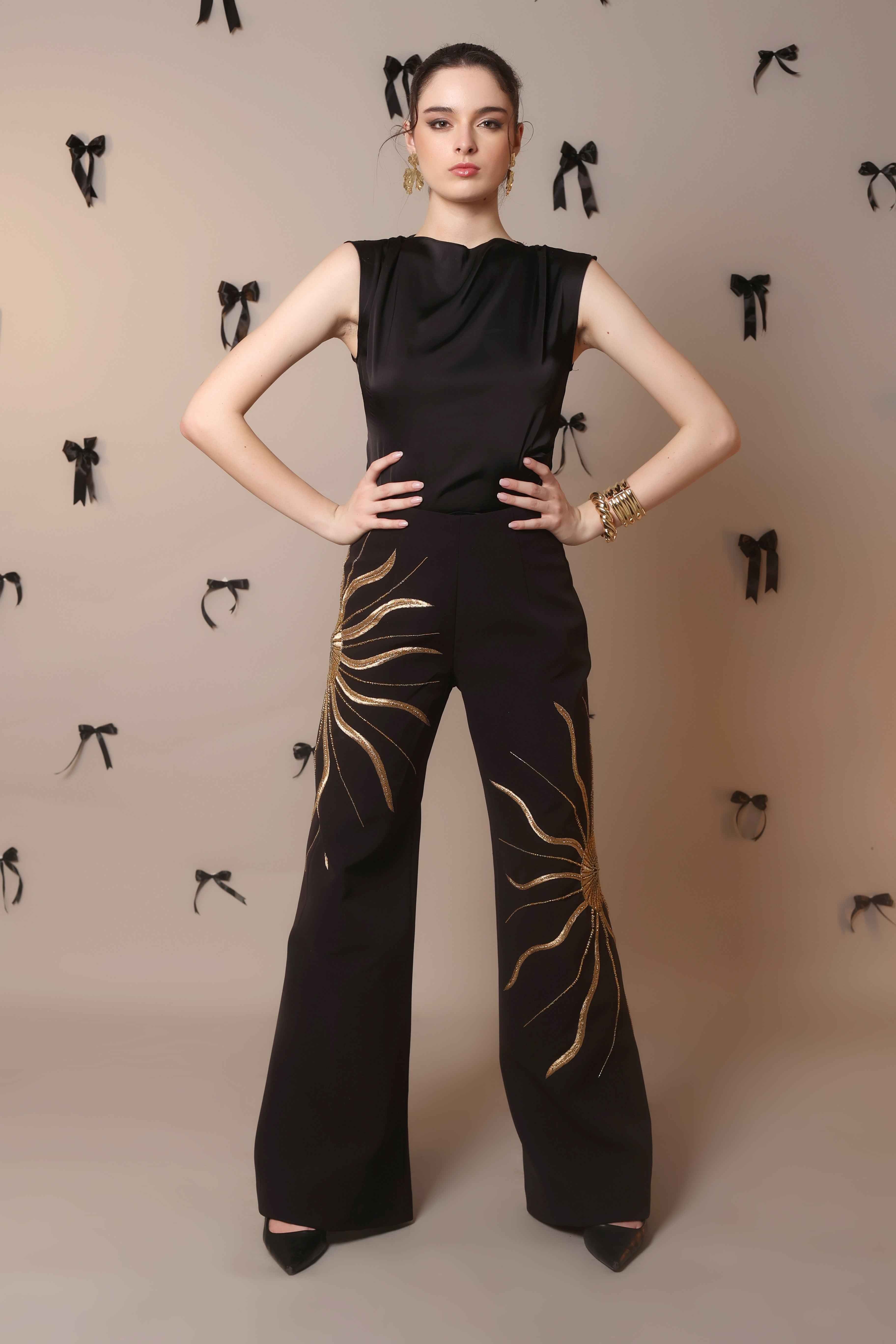 Solar Flare Embroidered Trousers – Black Gold Radiance - Vybtheory