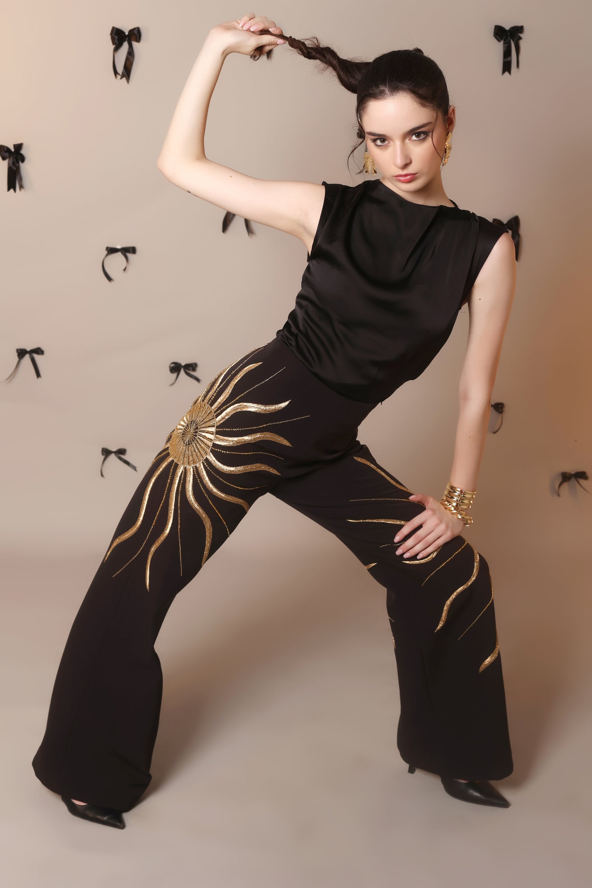 Solar Flare Embroidered Trousers – Black Gold Radiance