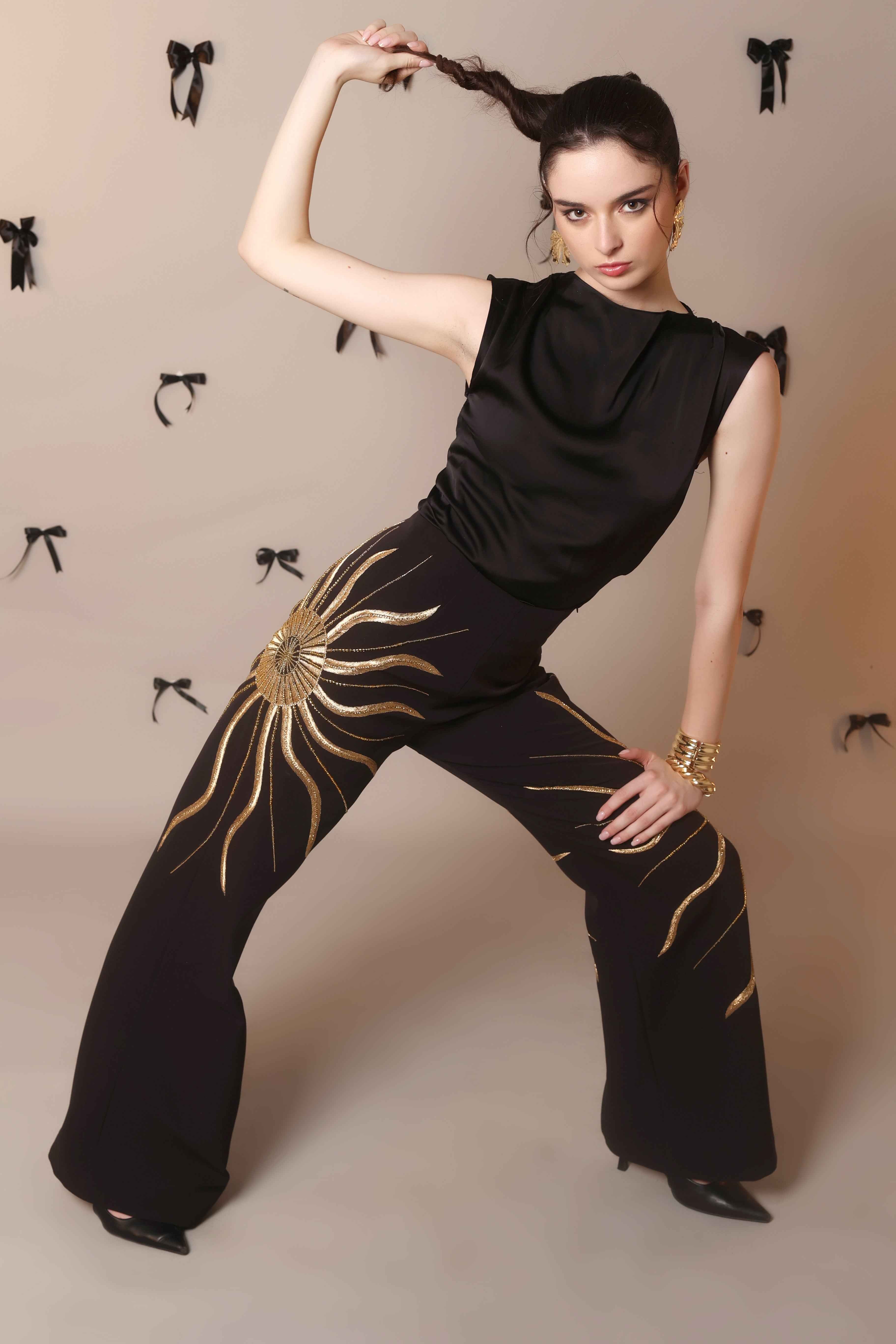 Solar Flare Embroidered Trousers – Black Gold Radiance - Vybtheory