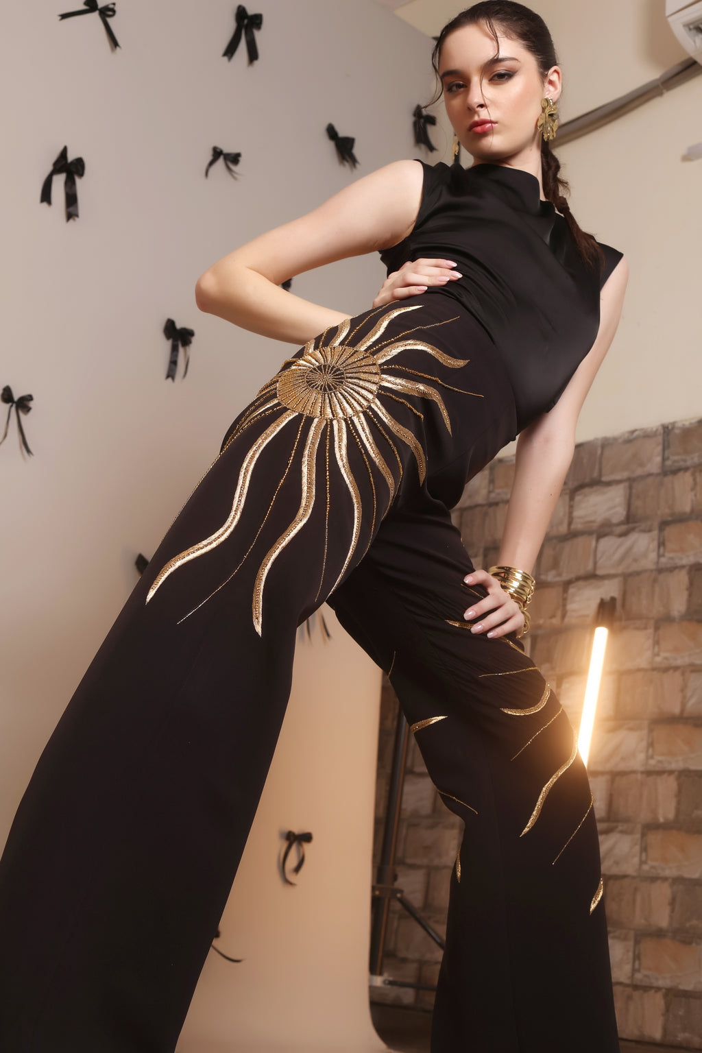 Solar Flare Embroidered Trousers – Black Gold Radiance