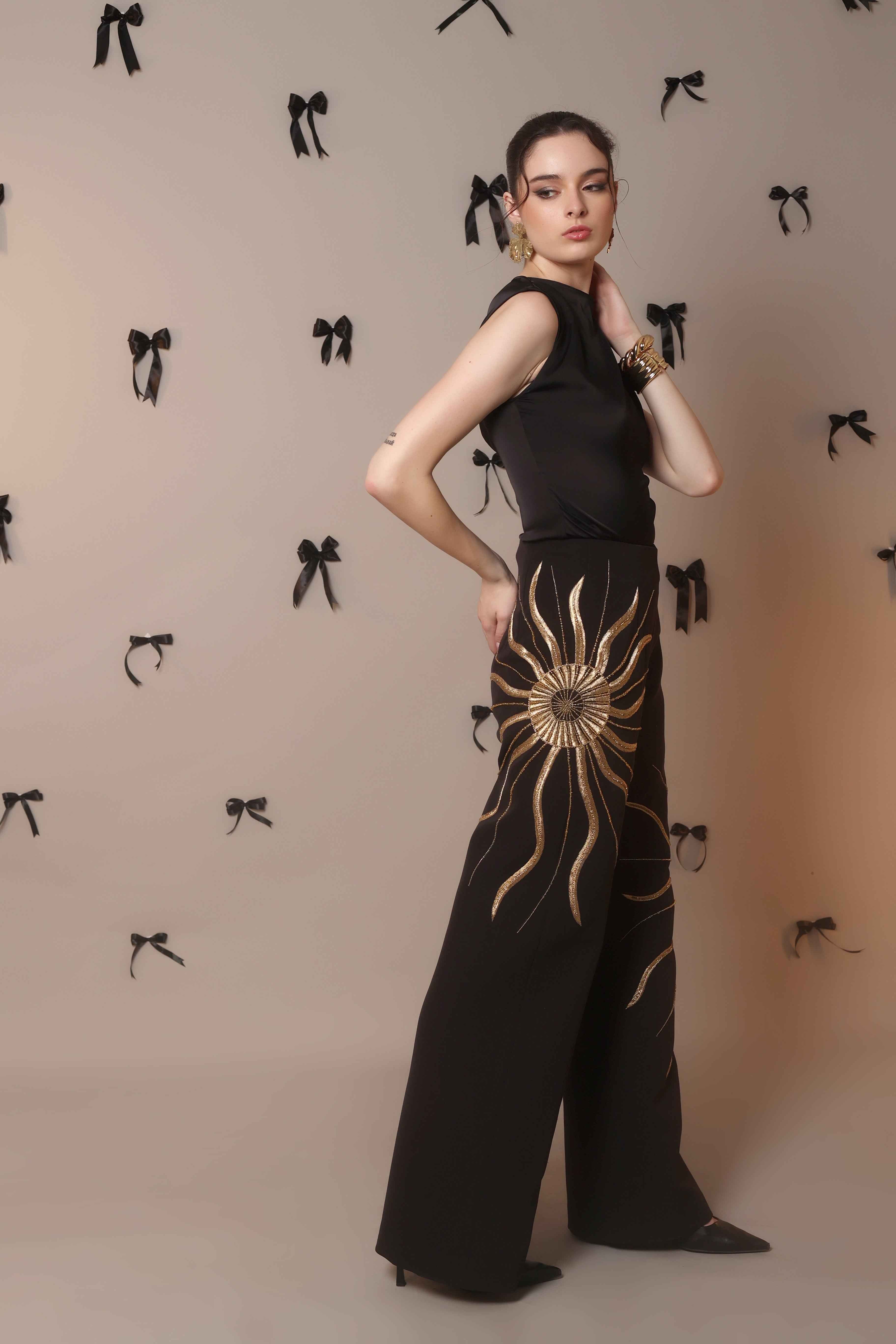 Solar Flare Embroidered Trousers – Black Gold Radiance - Vybtheory