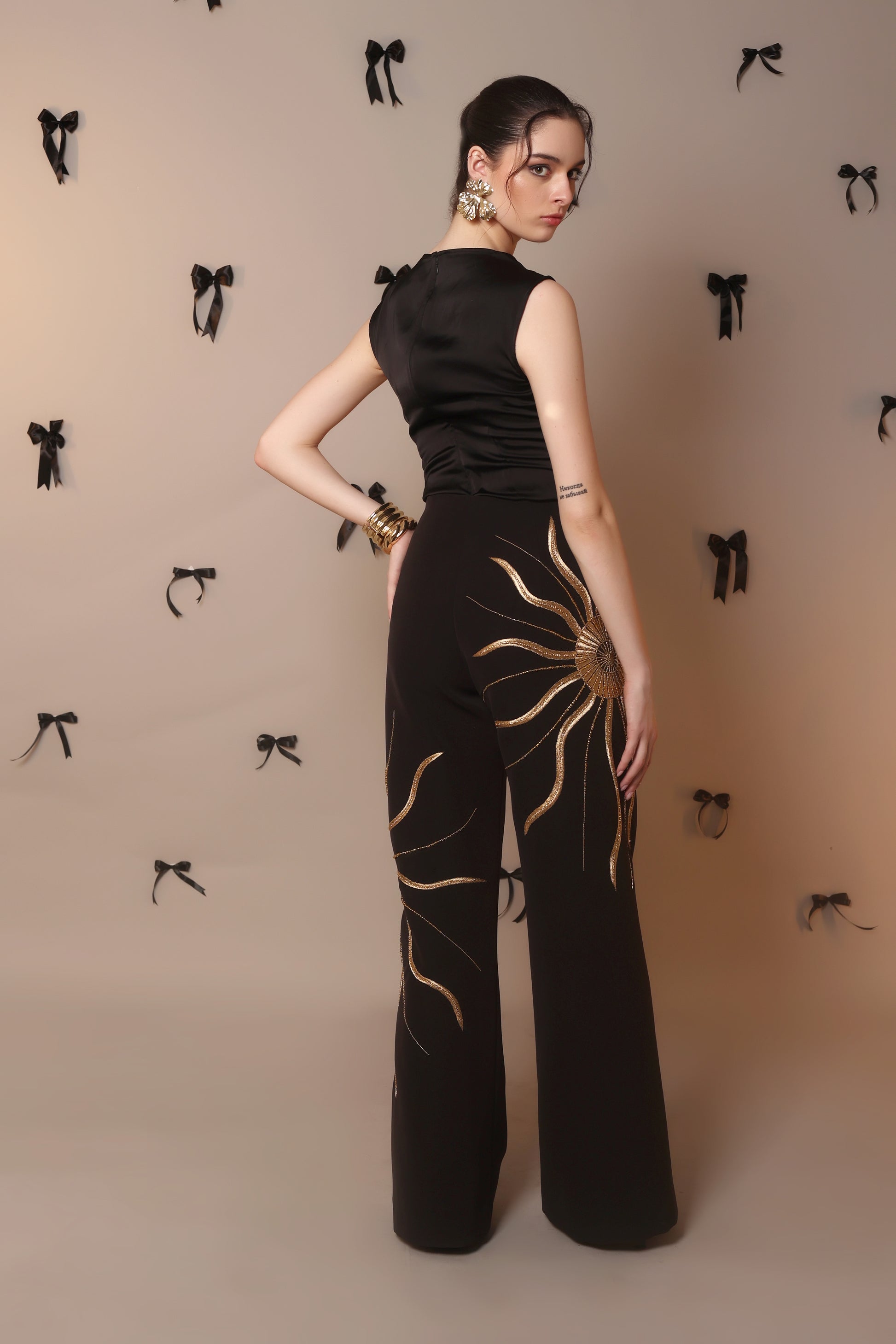 Solar Flare Embroidered Trousers – Black Gold Radiance