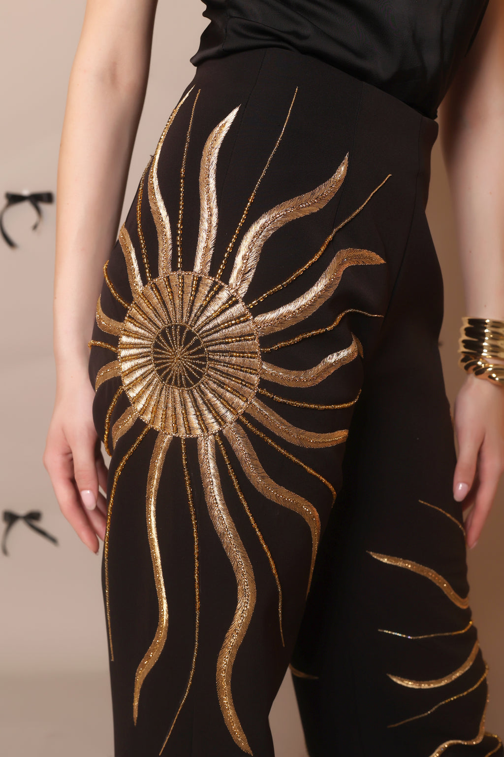 Solar Flare Embroidered Trousers – Black Gold Radiance