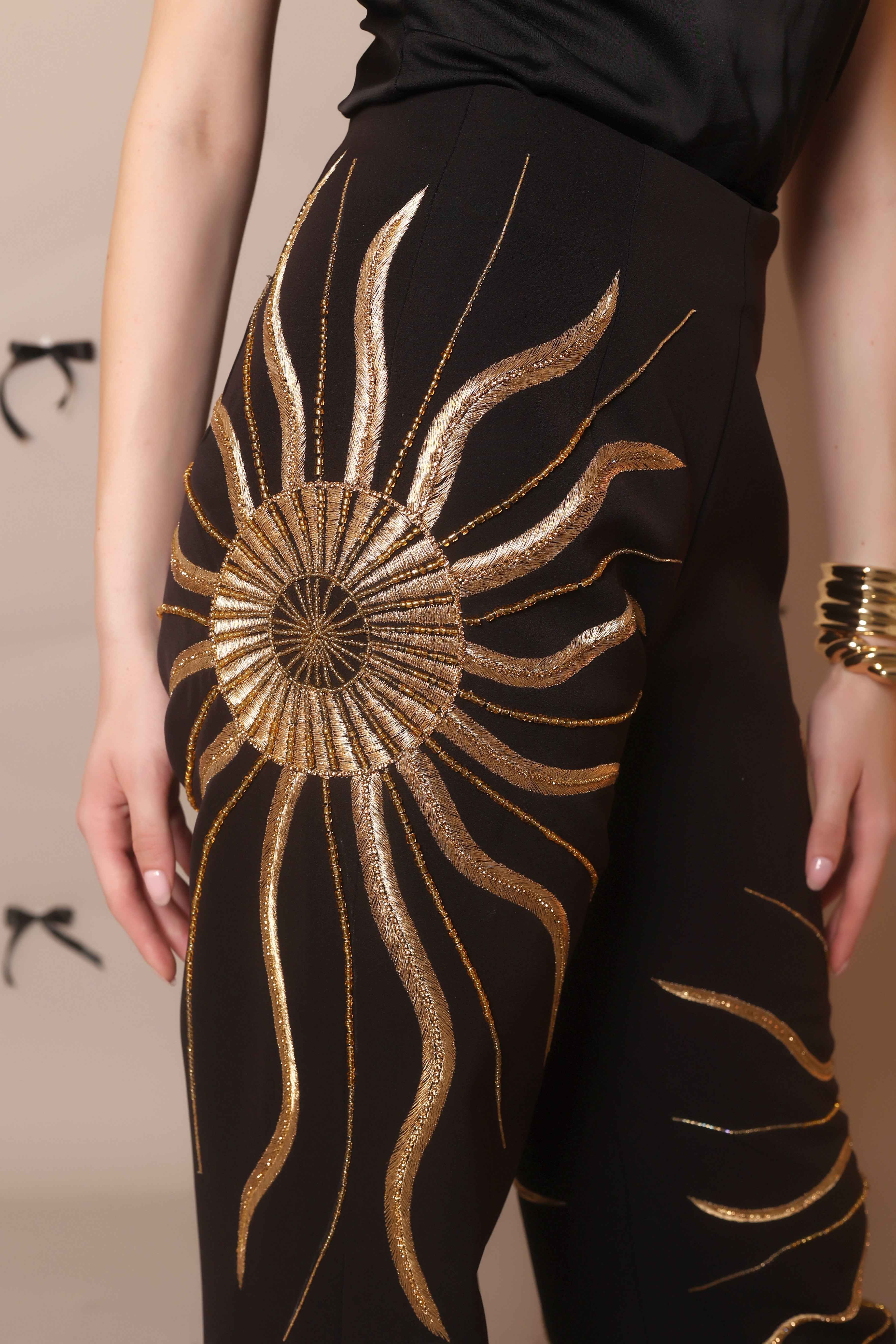 Solar Flare Embroidered Trousers – Black Gold Radiance - Vybtheory