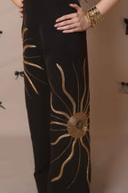 Solar Flare Embroidered Trousers – Black Gold Radiance - Vybtheory