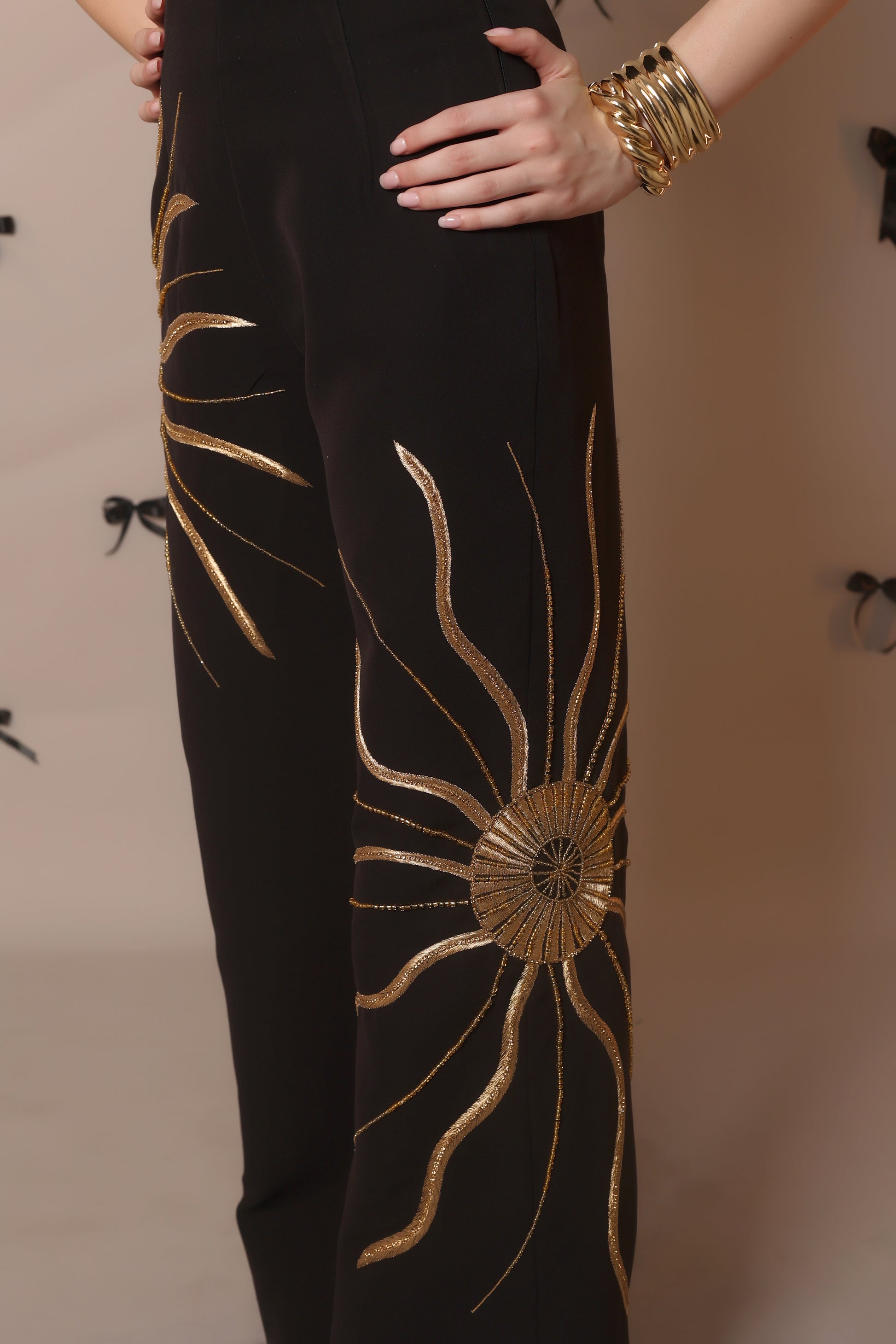 Solar Flare Embroidered Trousers – Black Gold Radiance