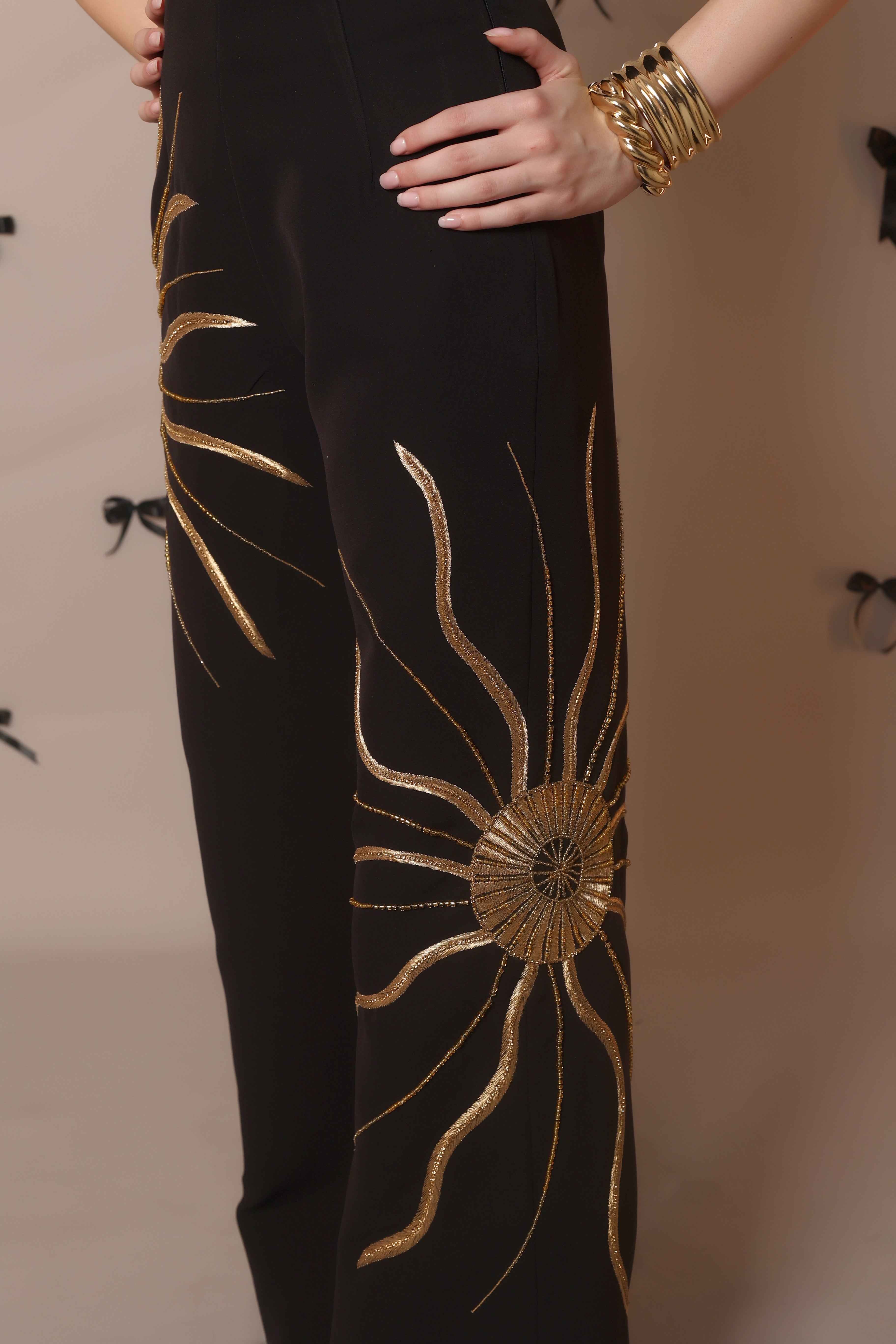 Solar Flare Embroidered Trousers – Black Gold Radiance - Vybtheory