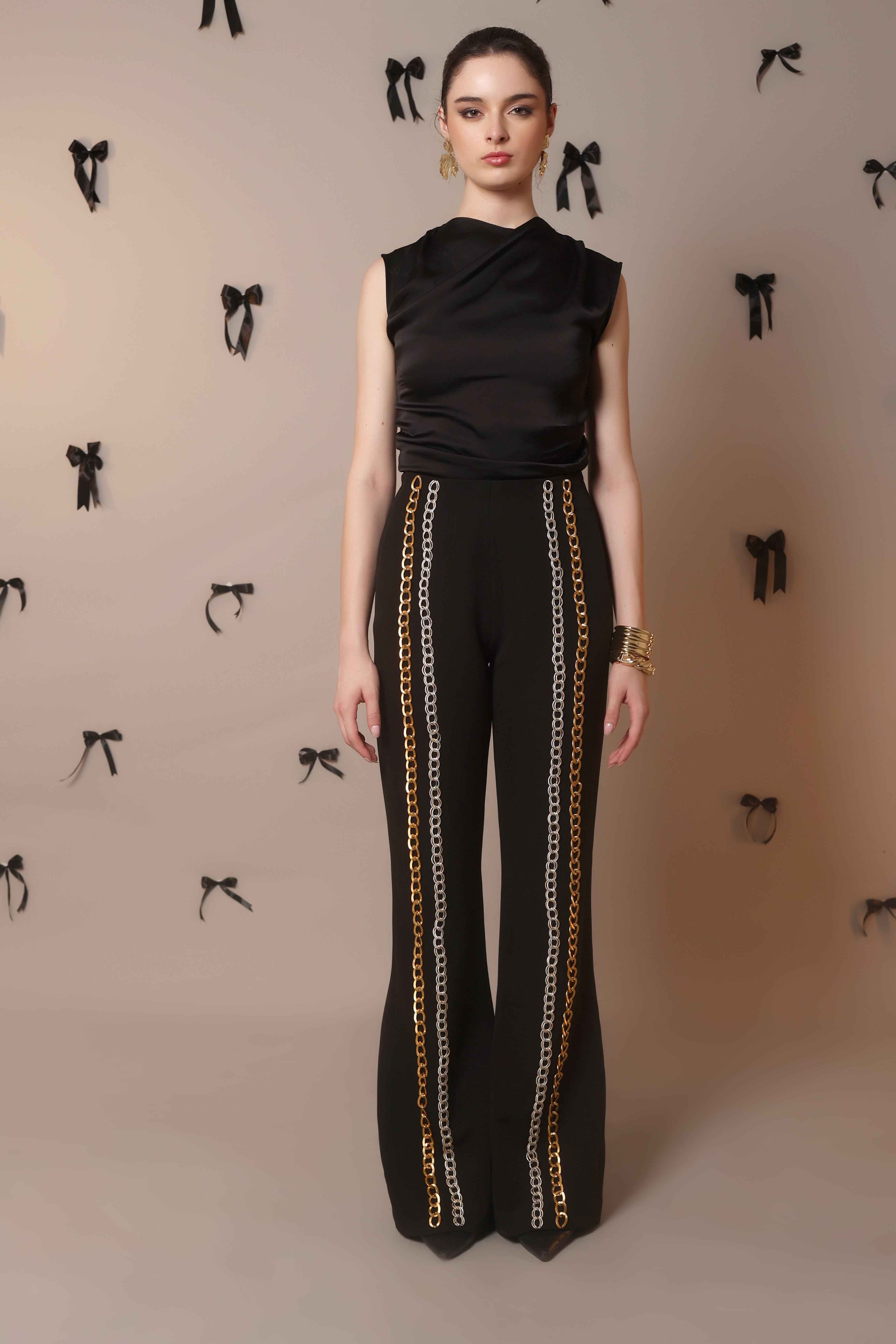 Chain Reaction Flared Trousers – Dual Metal Detail - Vybtheory