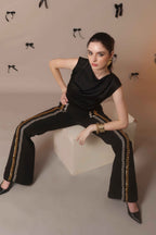 Chain Reaction Flared Trousers – Dual Metal Detail - Vybtheory