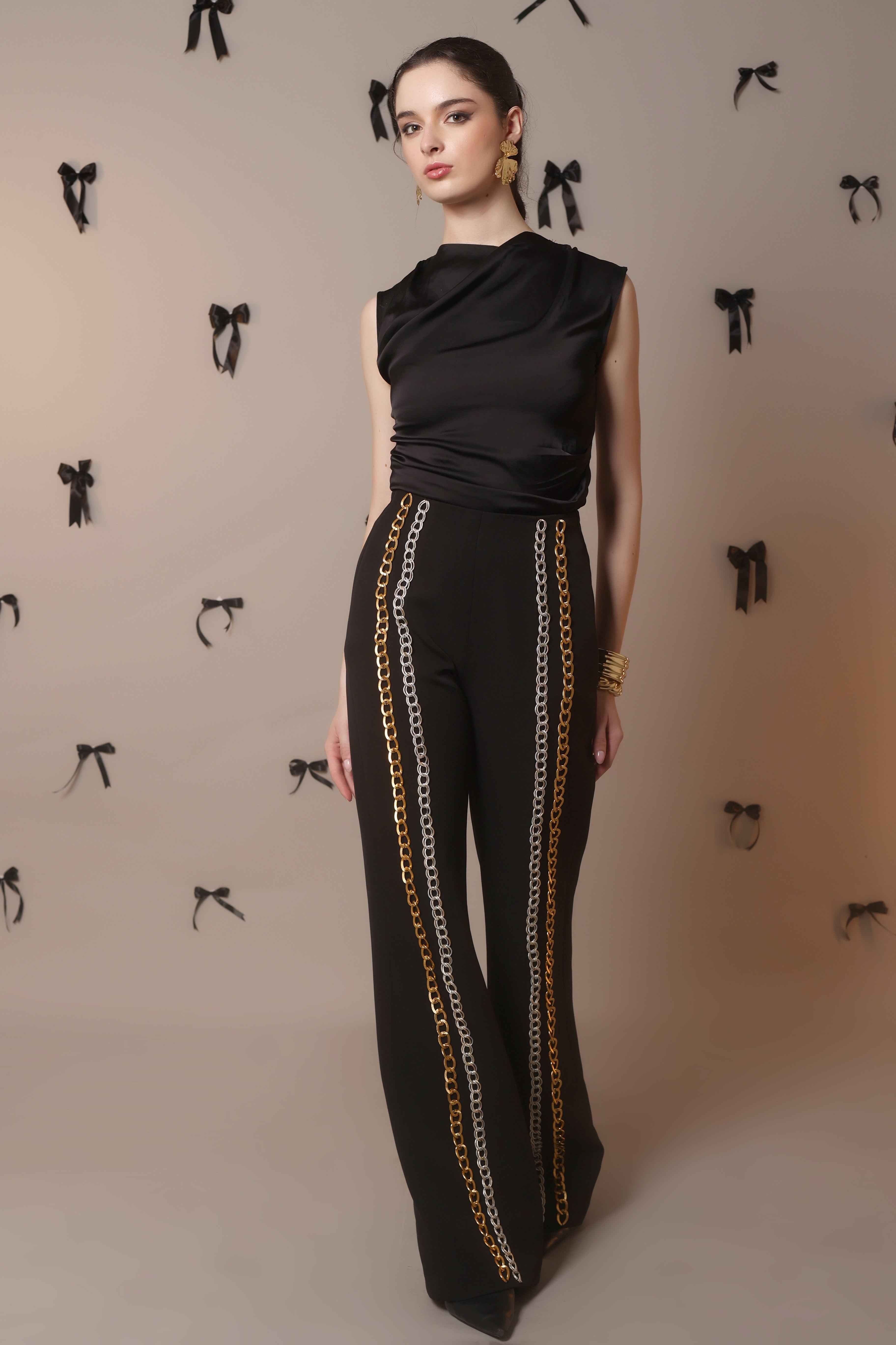 Chain Reaction Flared Trousers – Dual Metal Detail - Vybtheory