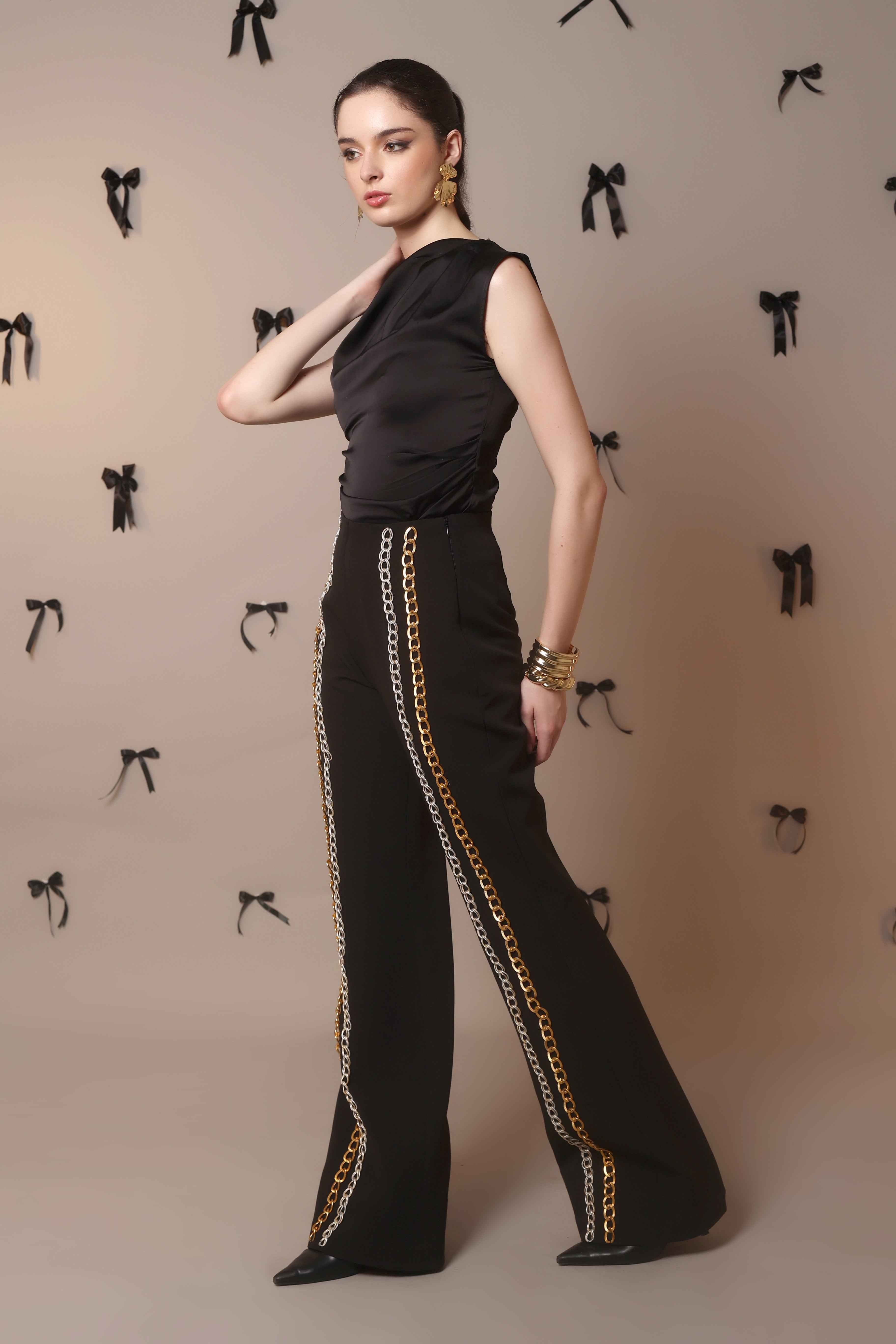 Chain Reaction Flared Trousers – Dual Metal Detail - Vybtheory