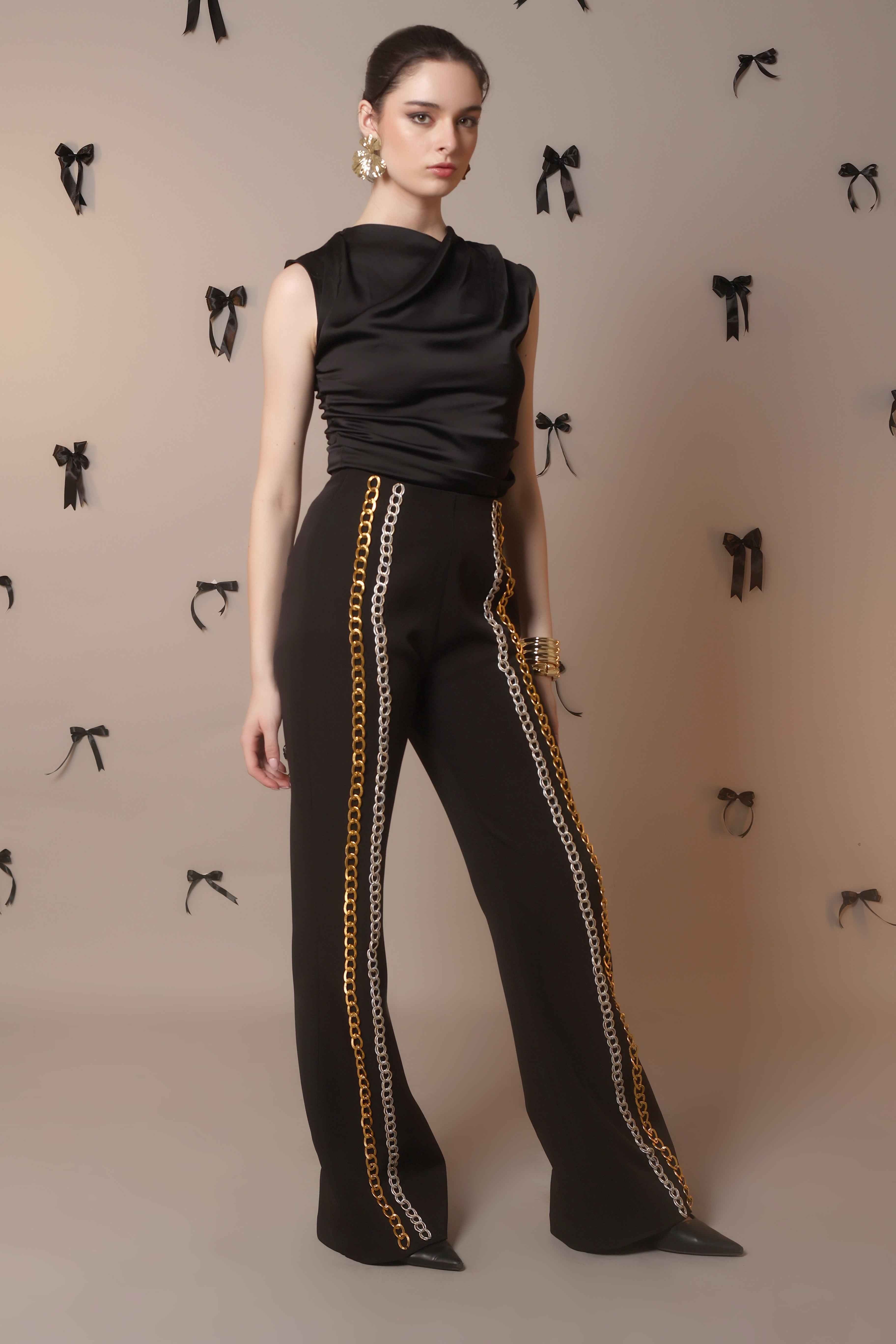 Chain Reaction Flared Trousers – Dual Metal Detail - Vybtheory