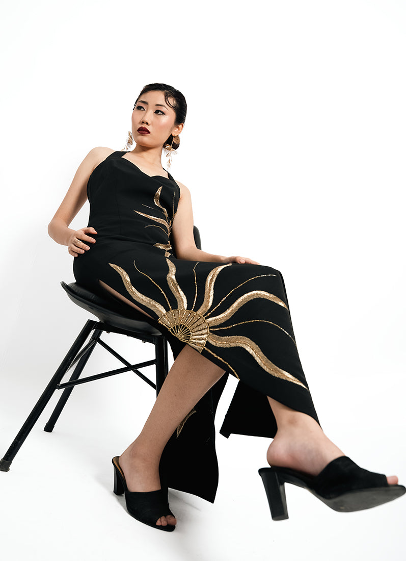 Solar Vein Embroidered Halter Gown – Black Gold Eclipse | VybTheory