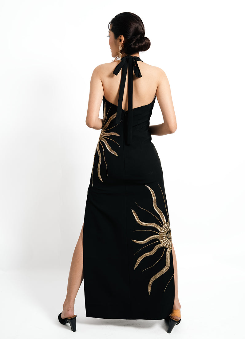 Solar Vein Embroidered Halter Gown – Black Gold Eclipse | VybTheory