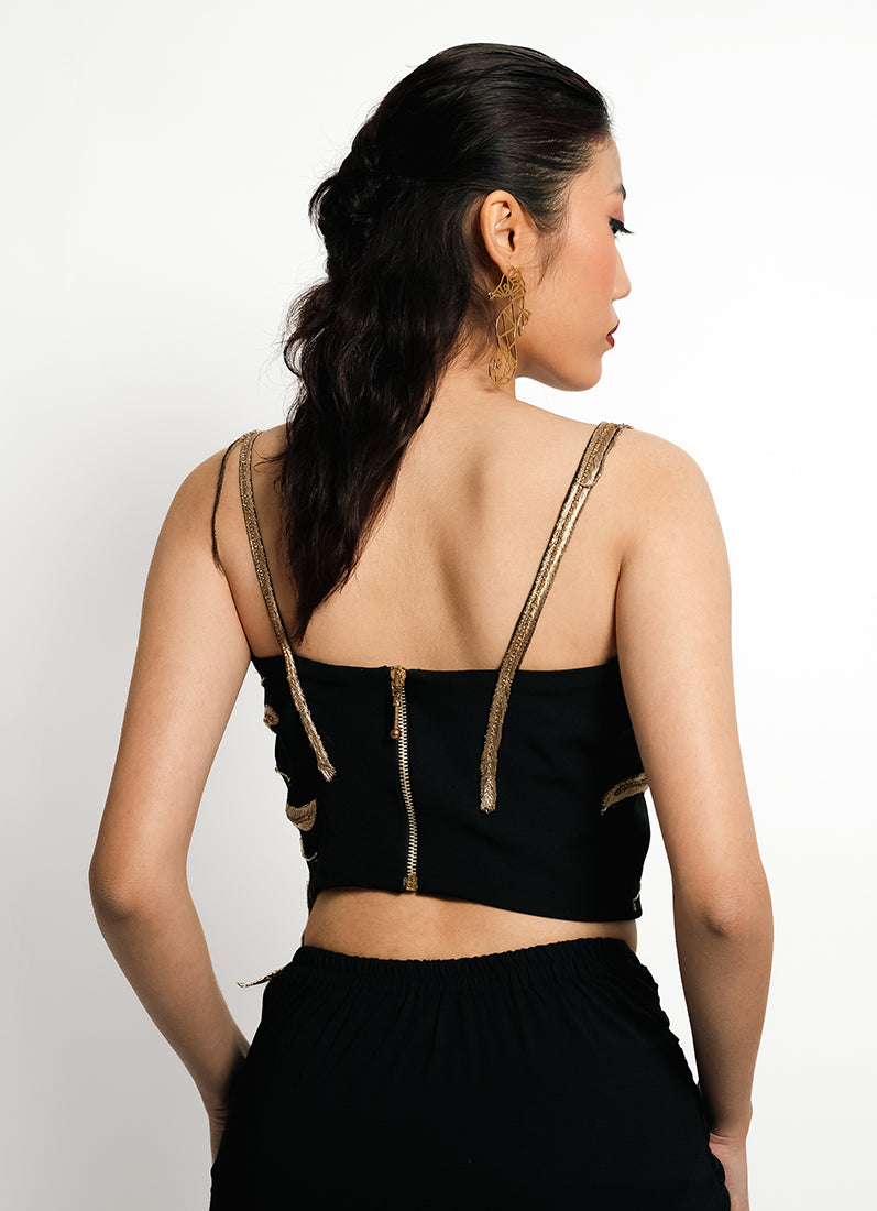 Solar Flare Embroidered Crop Top – Black Gold Radiance | VybTheory