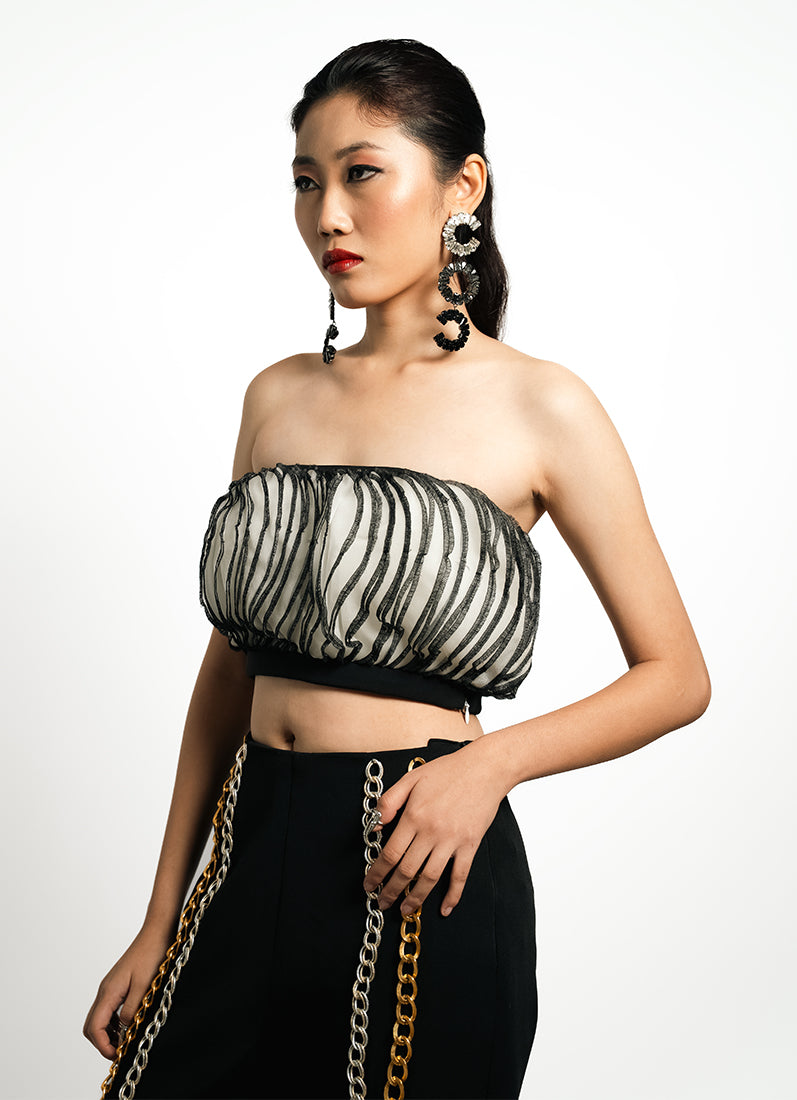 Eclipse Ruffle Bandeau Top – Ivory & Noir Contrast | VybTheory