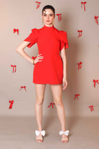 Bold Scarlet Bow-Back Mini Dress with Puff Sleeves - Vybtheory