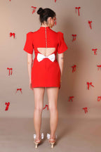 Bold Scarlet Bow-Back Mini Dress with Puff Sleeves - Vybtheory
