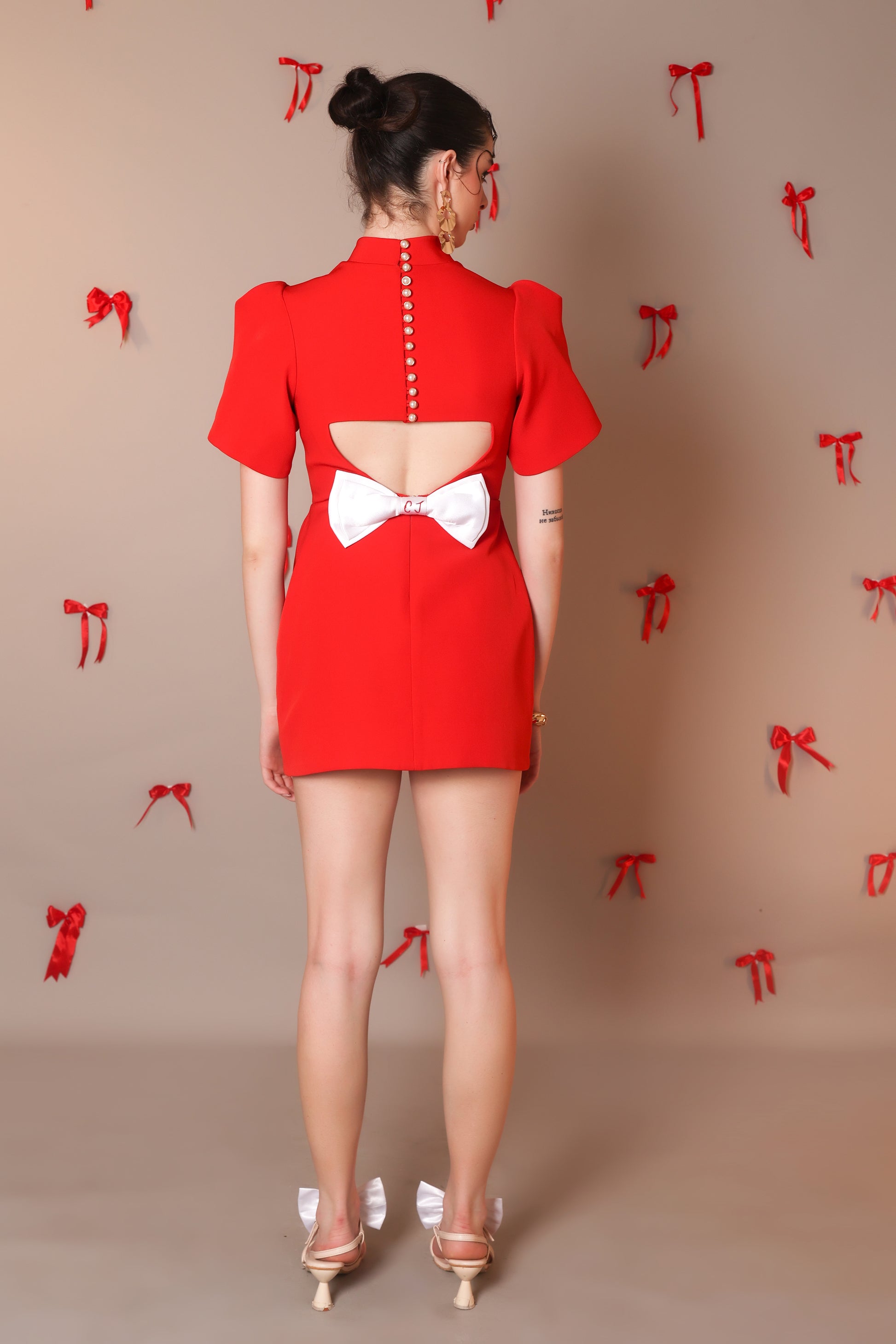 Bold Scarlet Bow-Back Mini Dress with Puff Sleeves
