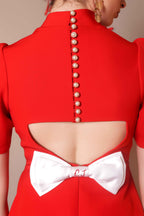 Bold Scarlet Bow-Back Mini Dress with Puff Sleeves - Vybtheory