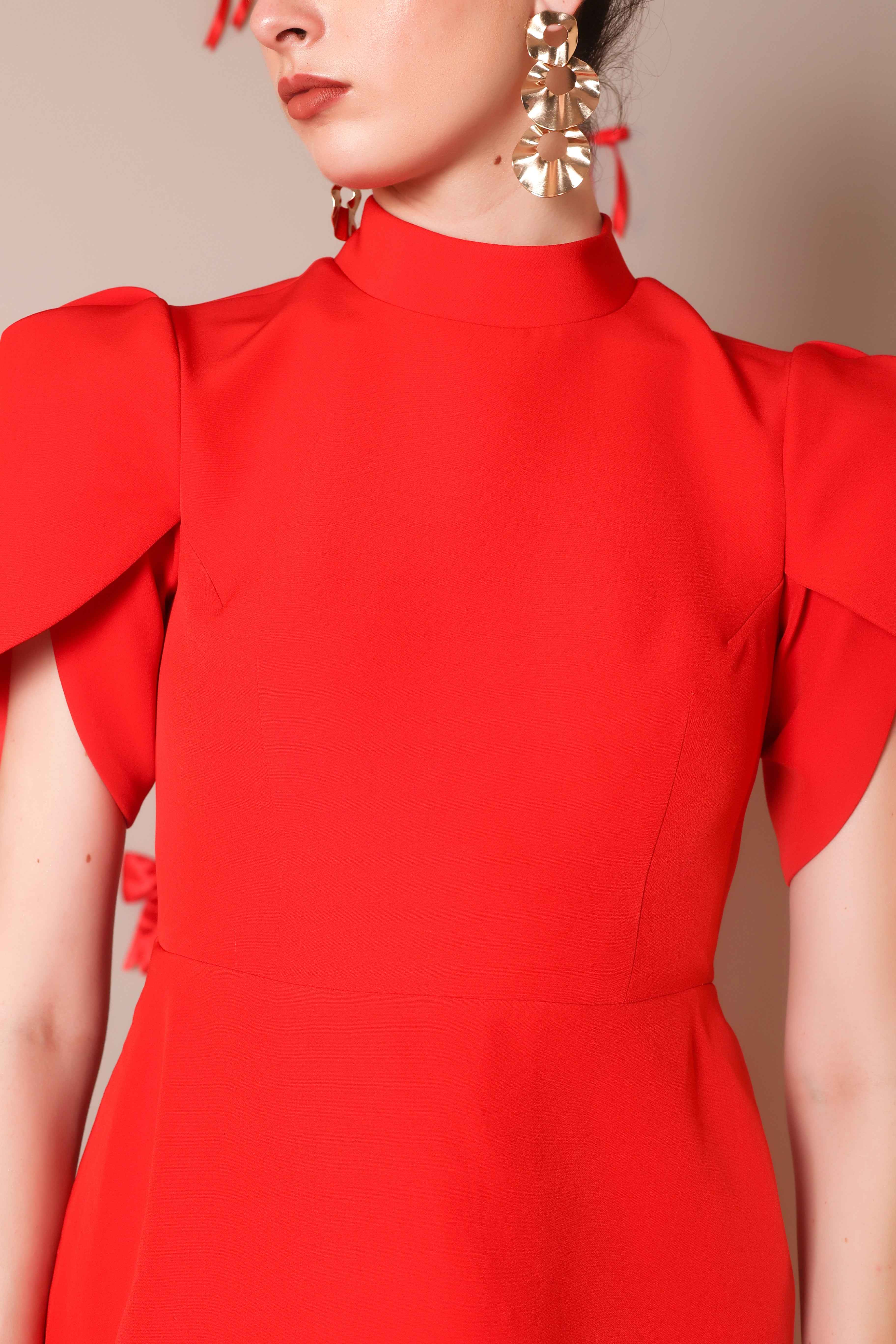 Bold Scarlet Bow-Back Mini Dress with Puff Sleeves - Vybtheory