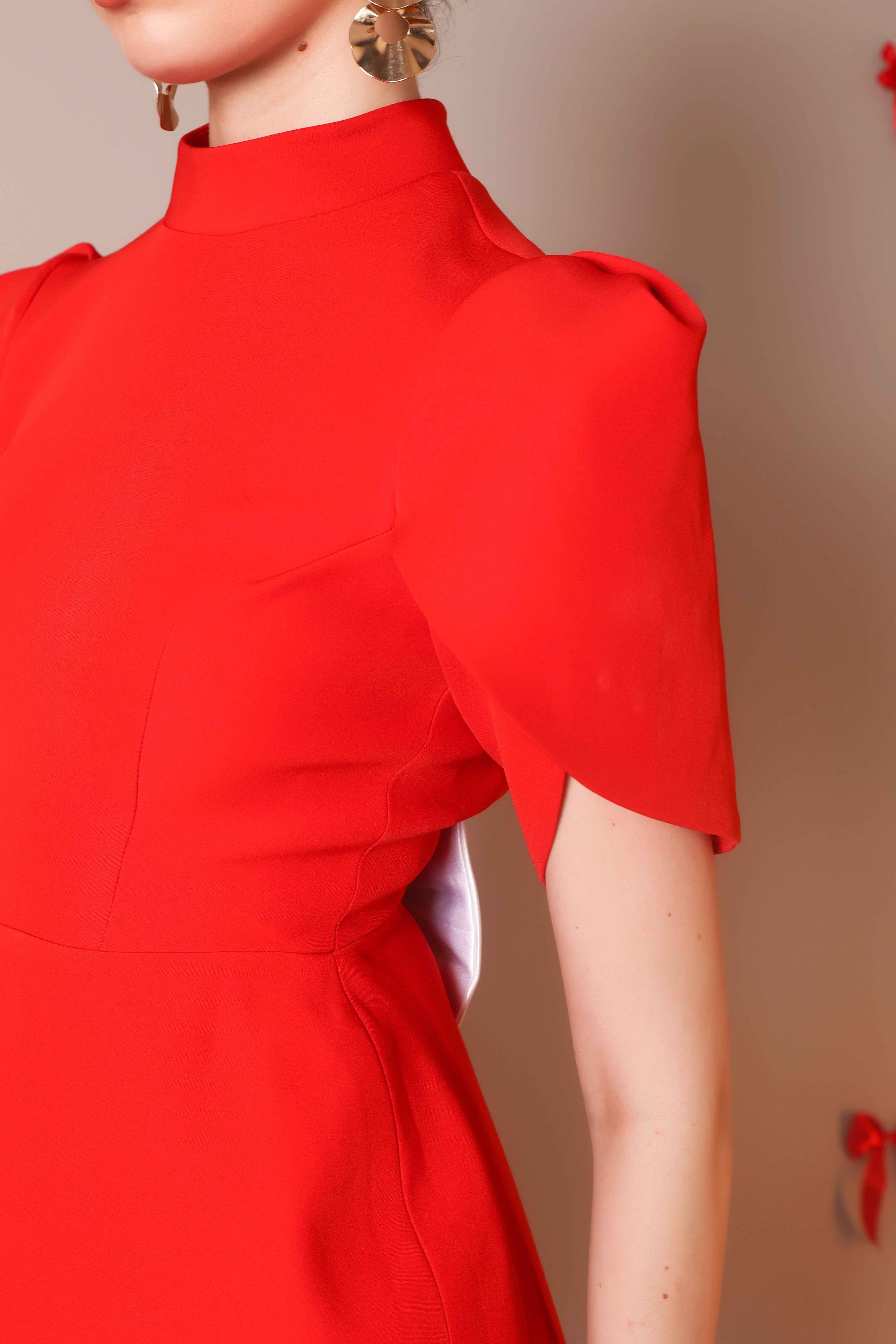 Bold Scarlet Bow-Back Mini Dress with Puff Sleeves - Vybtheory