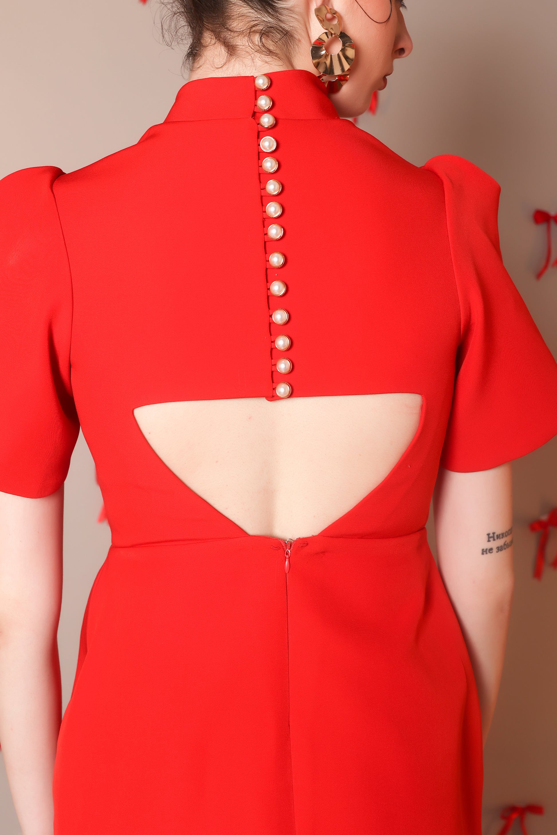 Bold Scarlet Bow-Back Mini Dress with Puff Sleeves
