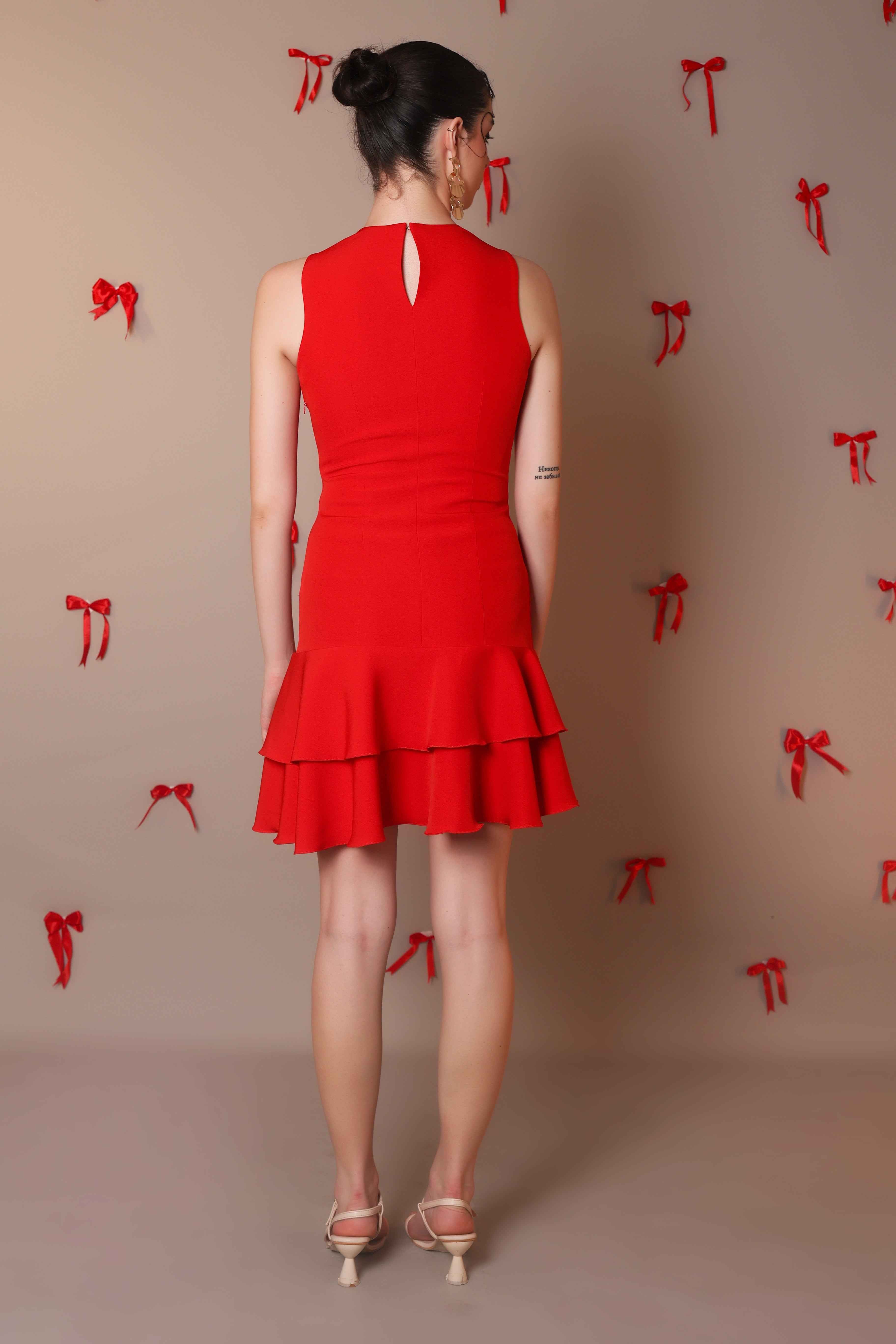 Scarlet Asymmetrical Ruffle Hem Dress – Sleeveless Fit & Flare - Vybtheory