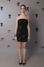 Noir Bloom Strapless Embellished Mini Dress – Hand Beaded Floral Detail - Vybtheory