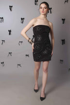 Noir Bloom Strapless Embellished Mini Dress – Hand Beaded Floral Detail - Vybtheory