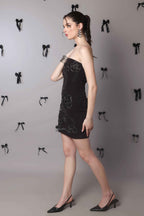 Noir Bloom Strapless Embellished Mini Dress – Hand Beaded Floral Detail - Vybtheory