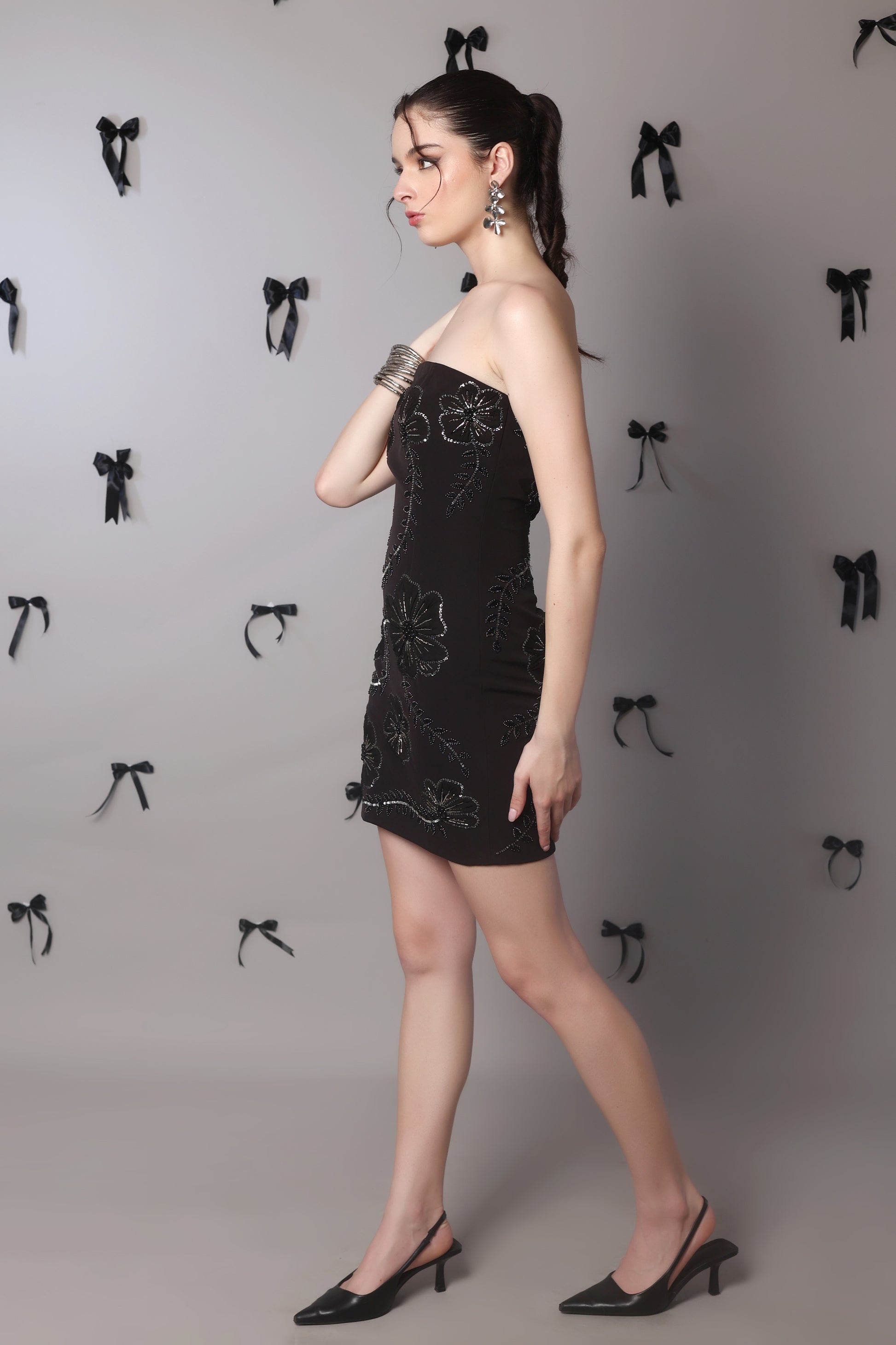 Noir Bloom Strapless Embellished Mini Dress – Hand Beaded Floral Detail