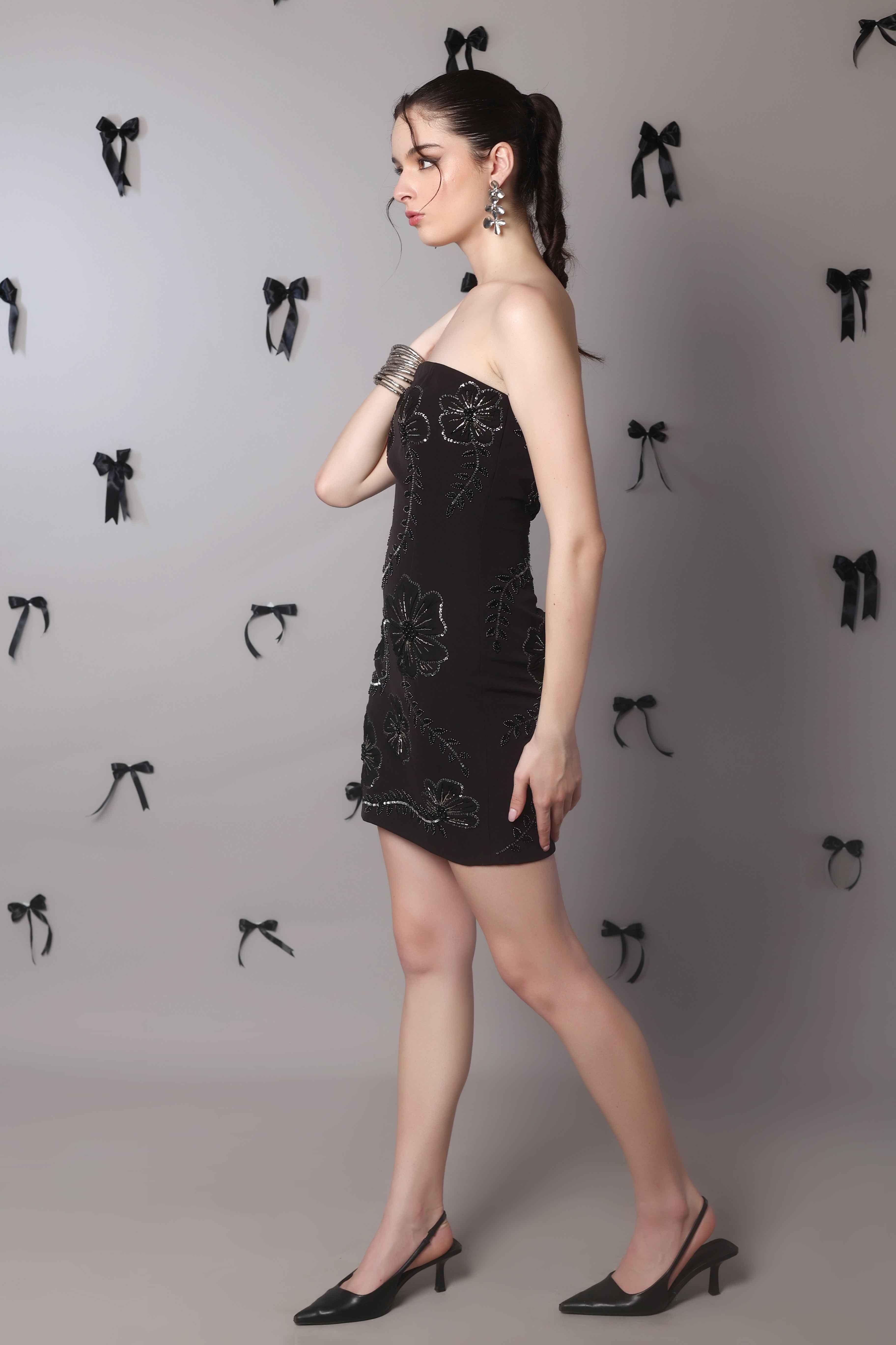 Noir Bloom Strapless Embellished Mini Dress – Hand Beaded Floral Detail - Vybtheory