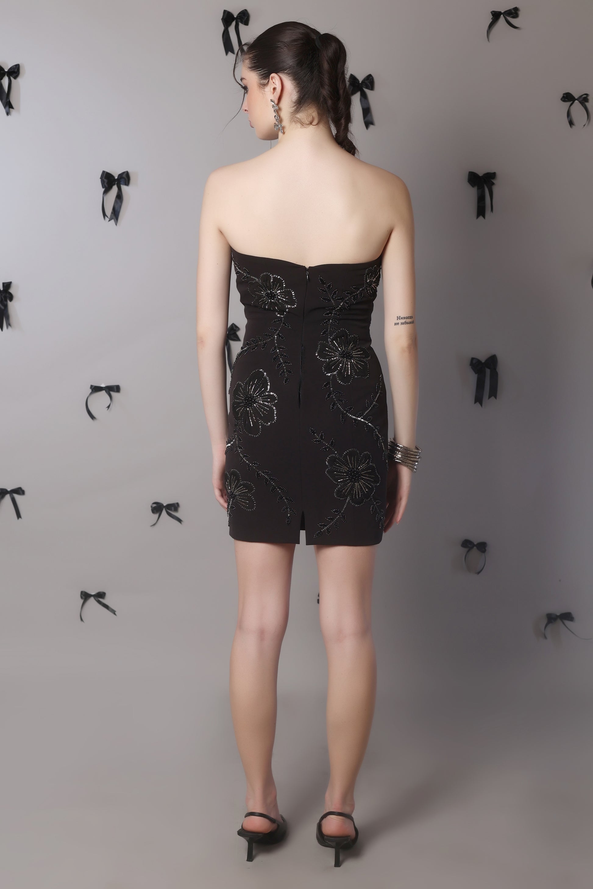Noir Bloom Strapless Embellished Mini Dress – Hand Beaded Floral Detail