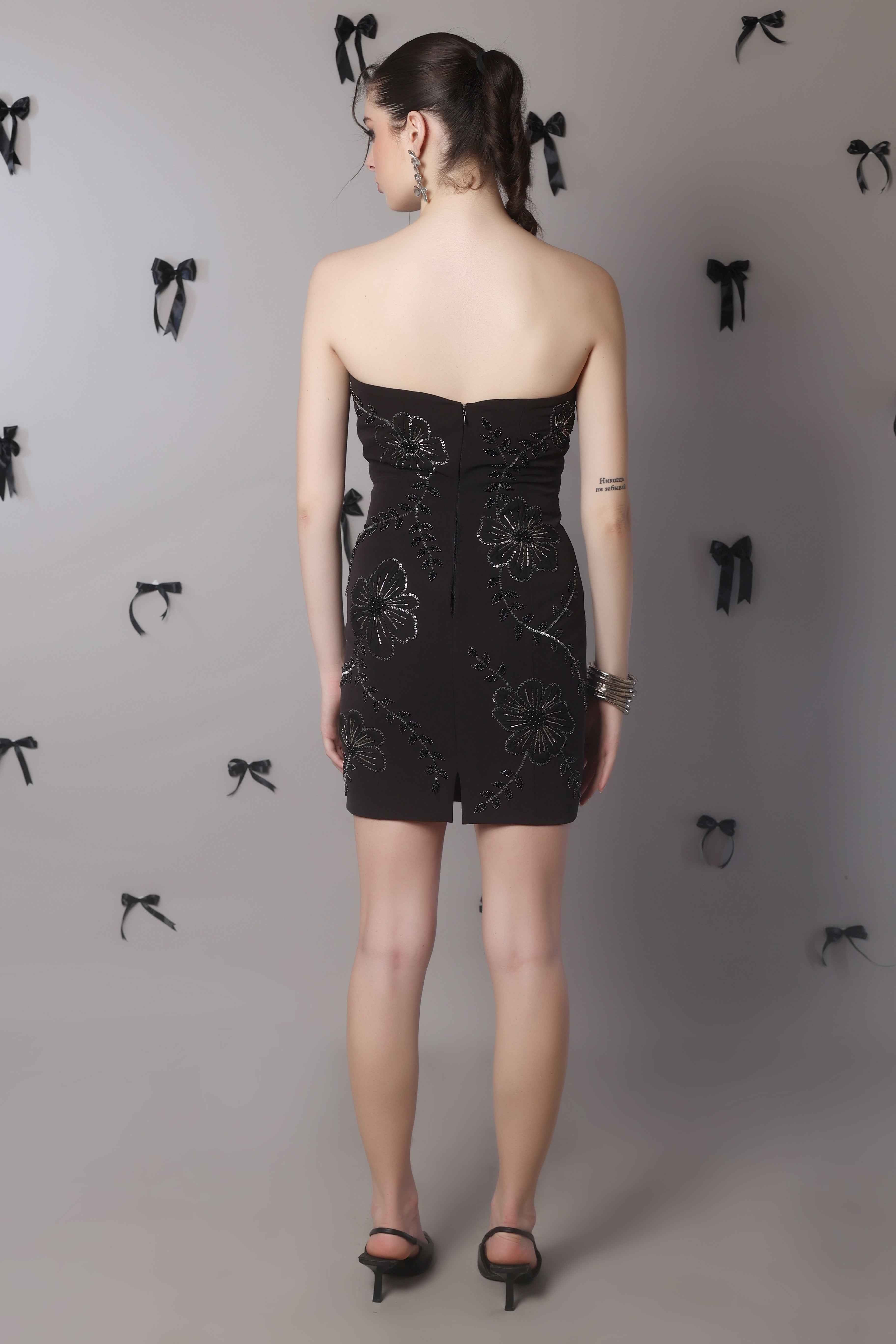 Noir Bloom Strapless Embellished Mini Dress – Hand Beaded Floral Detail - Vybtheory