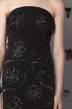 Noir Bloom Strapless Embellished Mini Dress – Hand Beaded Floral Detail - Vybtheory