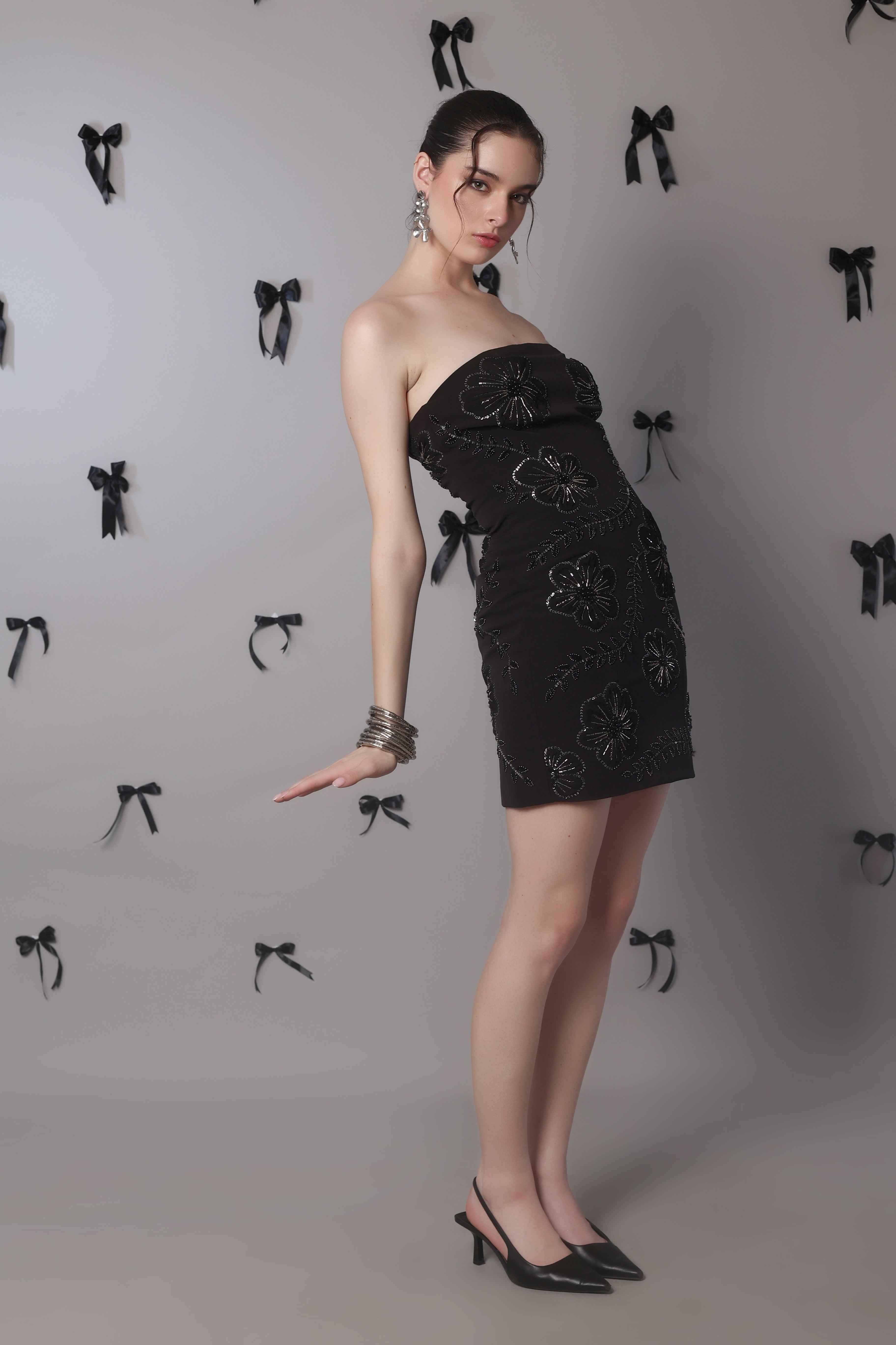 Noir Bloom Strapless Embellished Mini Dress – Hand Beaded Floral Detail - Vybtheory