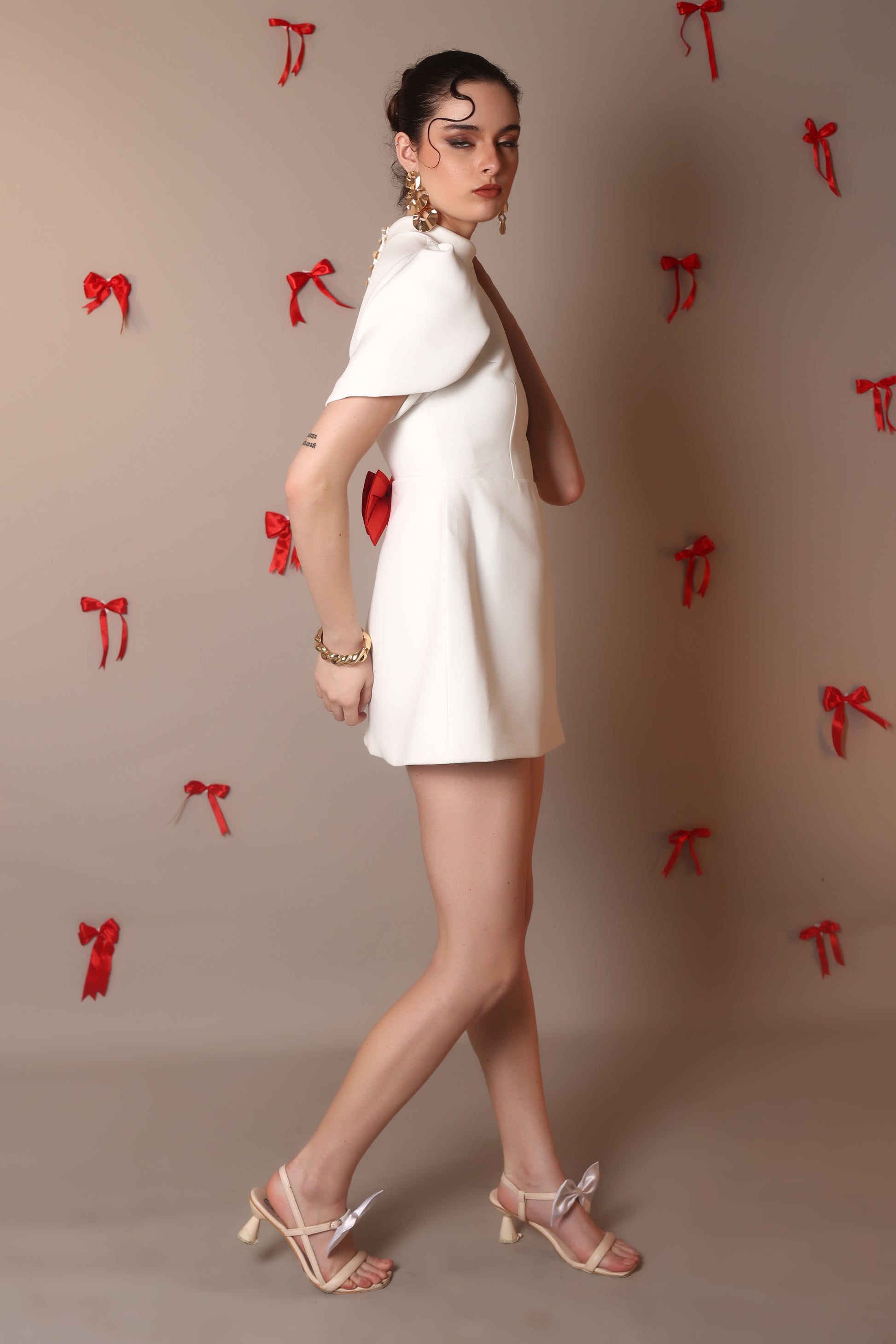 Ivory Bow-Back Mini Dress with Puff Sleeves – Pearl Button Detail