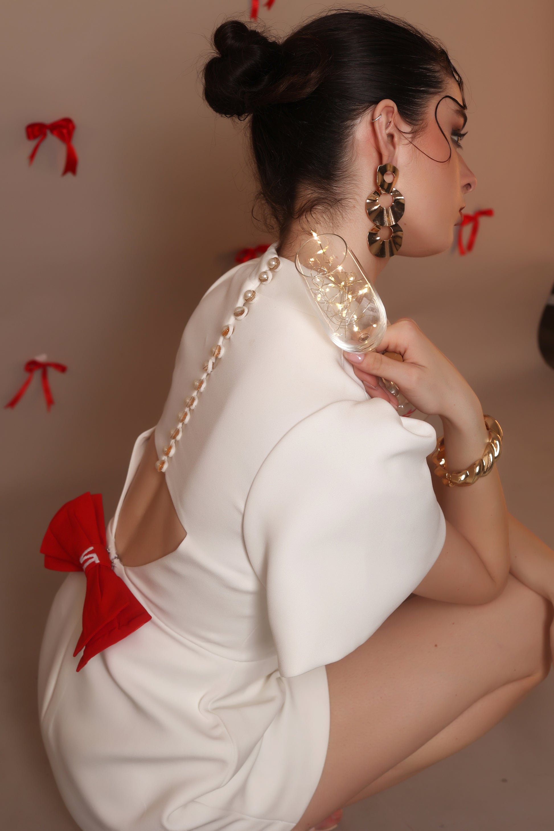 Ivory Bow-Back Mini Dress with Puff Sleeves – Pearl Button Detail